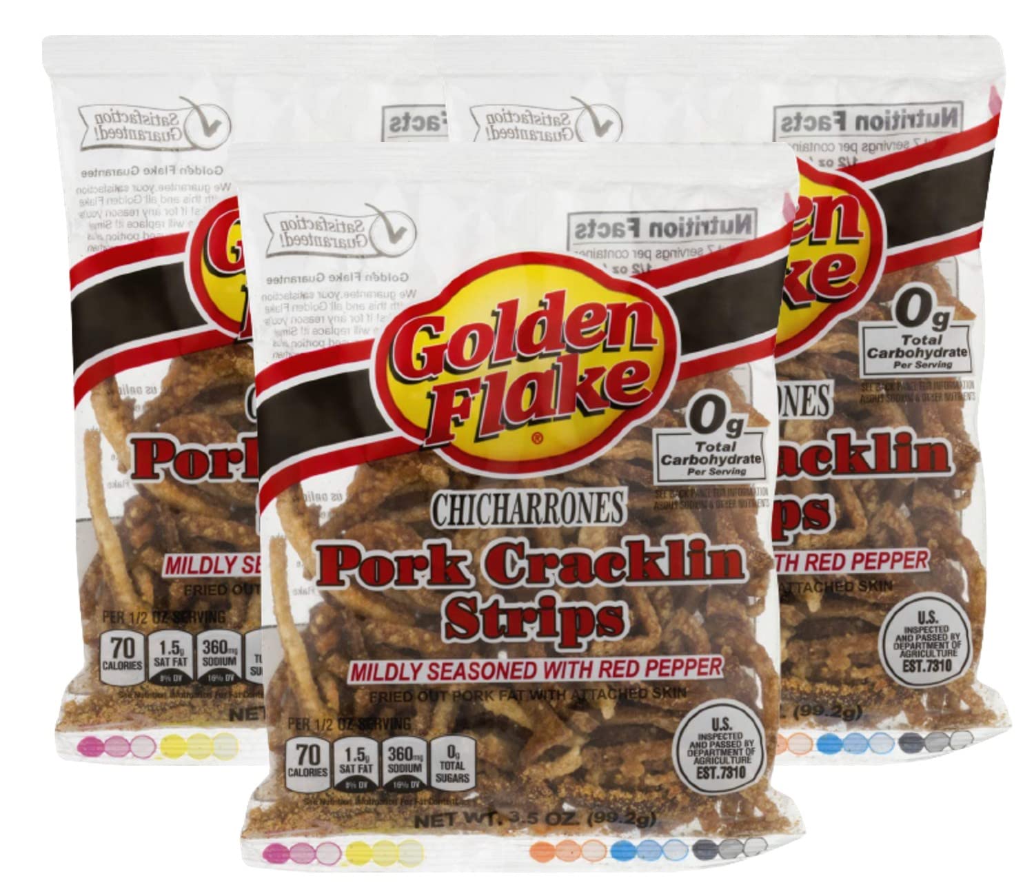 Golden Flake Fried Pork Cracklin Strips - Mildly Seasoned with Red Pepper - 3.25 oz. Bags (Pack of 3) | Crunchy Snack for Parties, Road Trips & Keto Diet | Gluten-Free Pork Rinds for Low-Carb Lifestyle