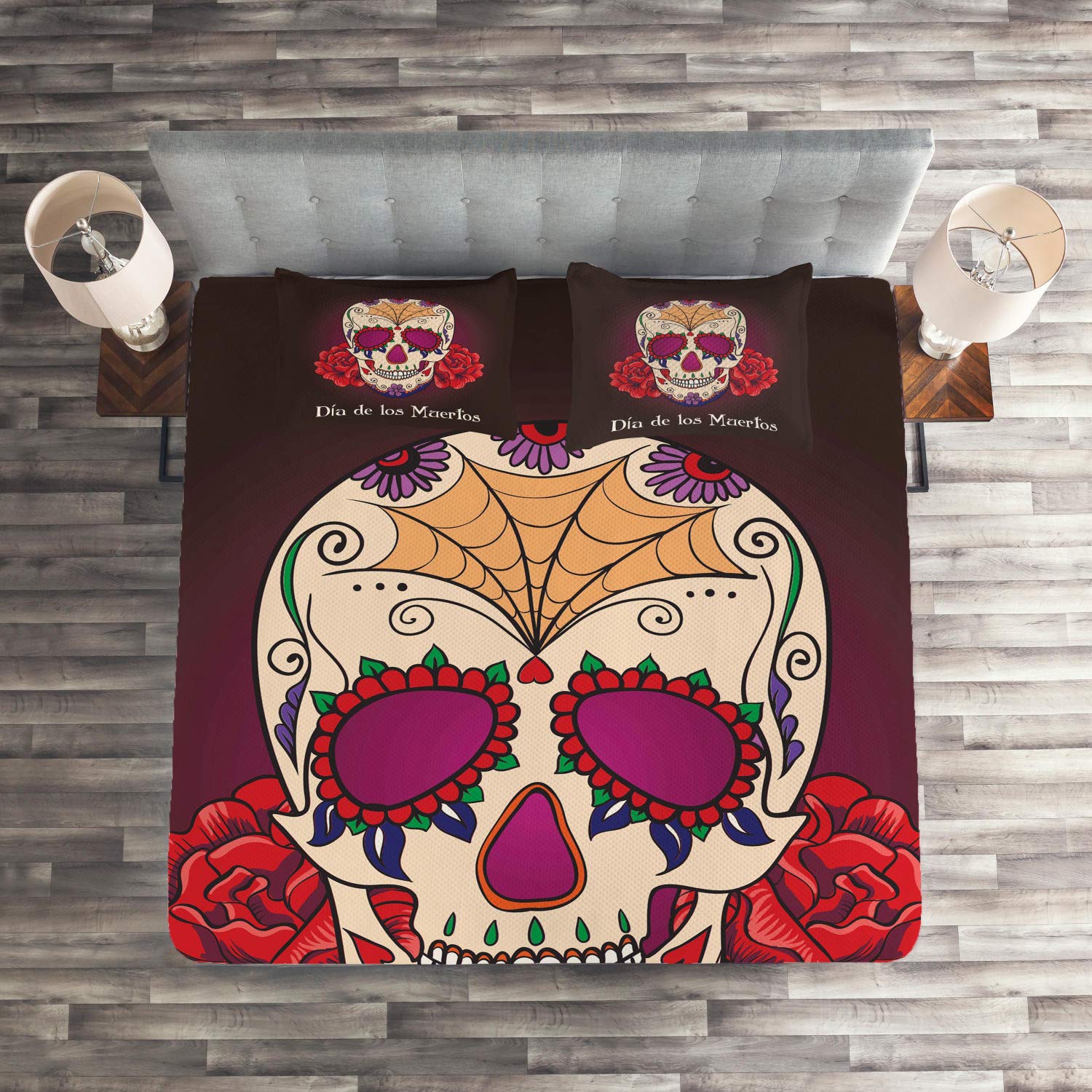 Ambesonne Day of The Dead 3-Piece King Size Quilted Bedspread Set with 2 Pillow Shams | Dia de Los Muertos Spanish Skull & Skeleton Print in Plum Red & Cream | Perfect for Halloween Decor, Mexican Culture Themed Bedroom & Unique Gift Idea