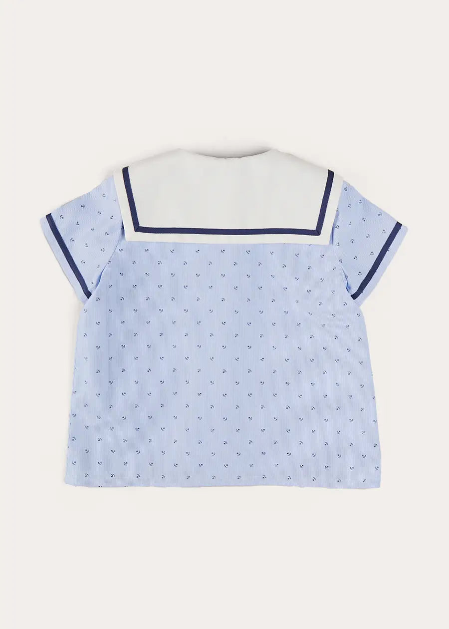 Lyall Stripe Anchor Motif Mariner Collar Short Sleeve Shirt - Blue Boys' Nautical Top (12 Months to 6 Years) | Perfect for Beach Outings, Summer Parties & Casual Wear