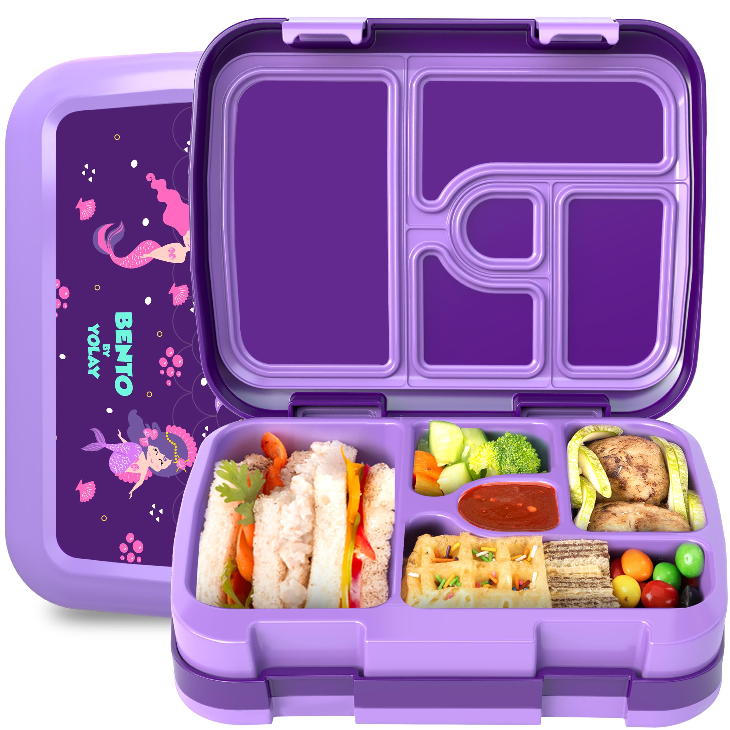 Leak-Proof Kids Bento Lunch Box with 5 Compartments - Durable, Anti-Slip Base for Ages 3-10 | Perfect for School, Travel, Picnics & Outdoor Activities (Mermaid Design)