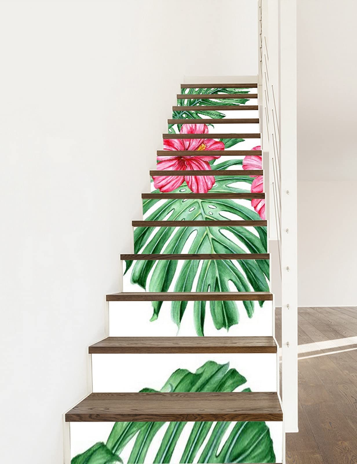 3D Self-Adhesive Removable Stair Stickers - Watercolor Hibiscus Flowers & Tropical Leaves Vinyl Decals | Pink Floral Stair Riser, Kitchen Tile & Wall Mural Stickers (13-Piece Set) for Home Decor, Staircase Makeover & Wall Accents