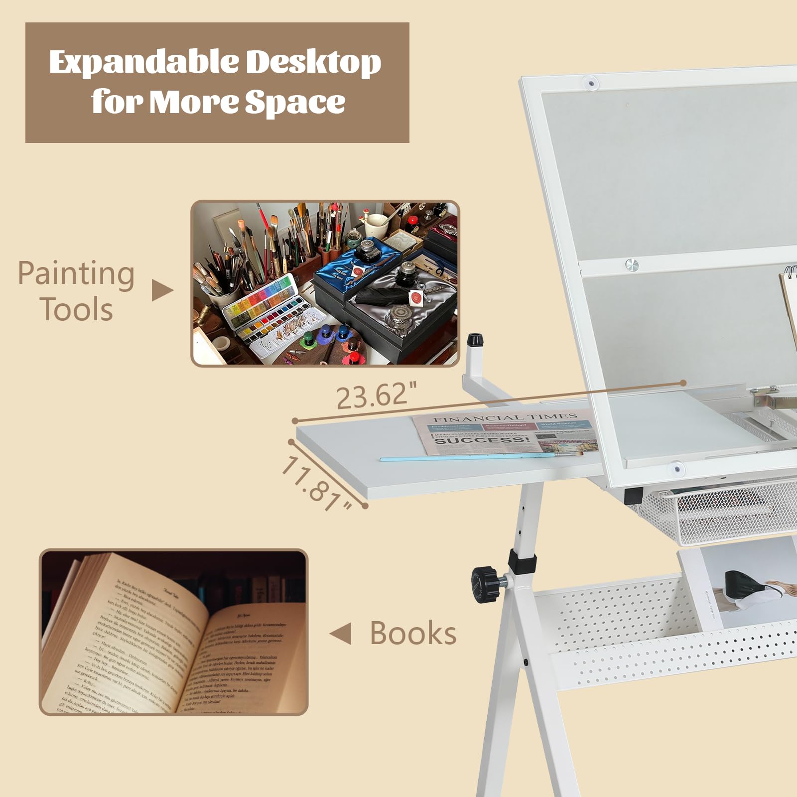 Adjustable Drafting Table with Stool - Tilting Tempered Glass Top Art Desk for Painting, Drawing & Crafting - 2 Storage Drawers, Height Adjustable White Workstation (Perfect for Artists, Architects & Hobbyists)