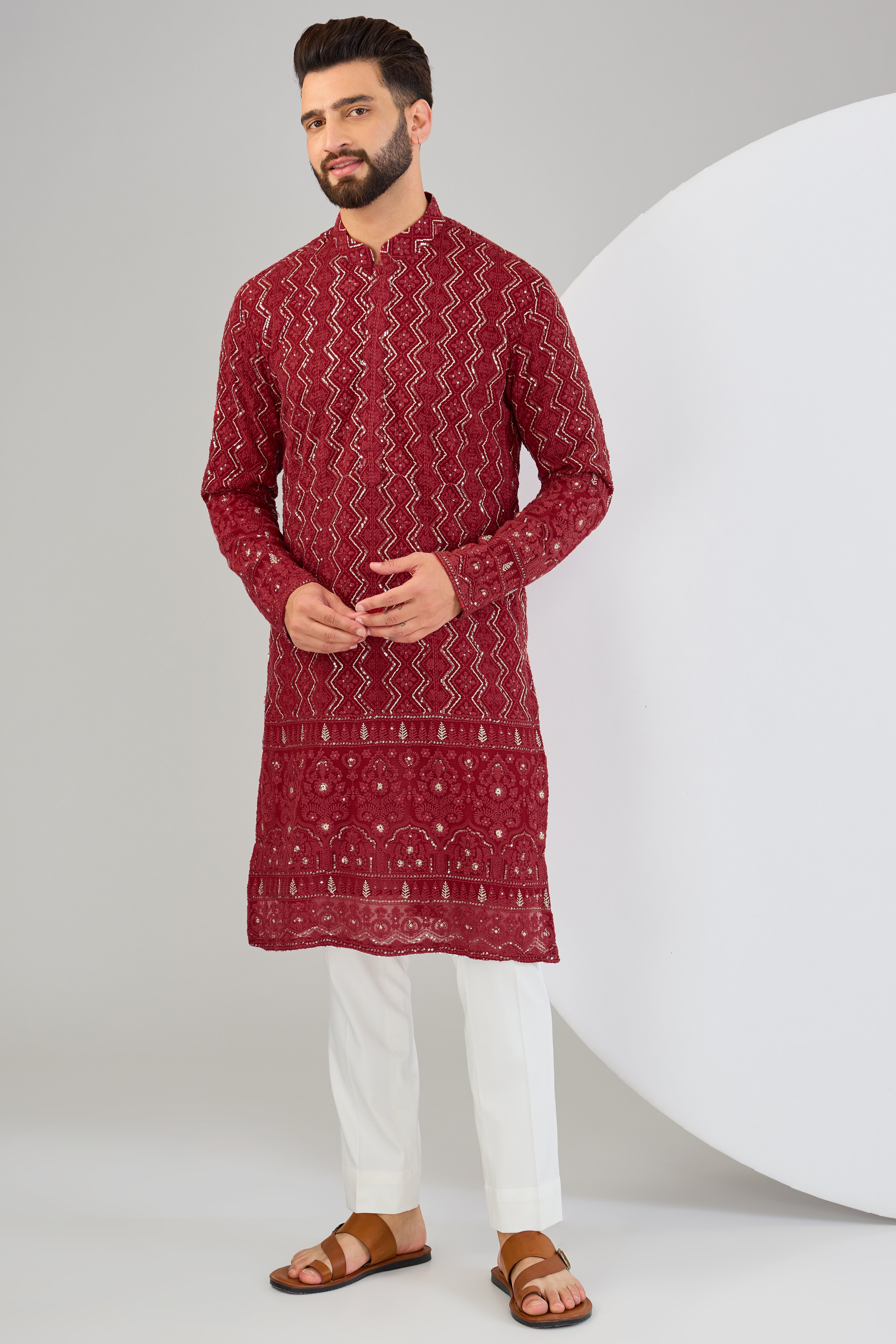 Exquisite Red Chikankari Kurta with Intricate Sequin & Zari Embellishment - Elegant Indian Traditional Wear for Festivals, Weddings & Special Occasions