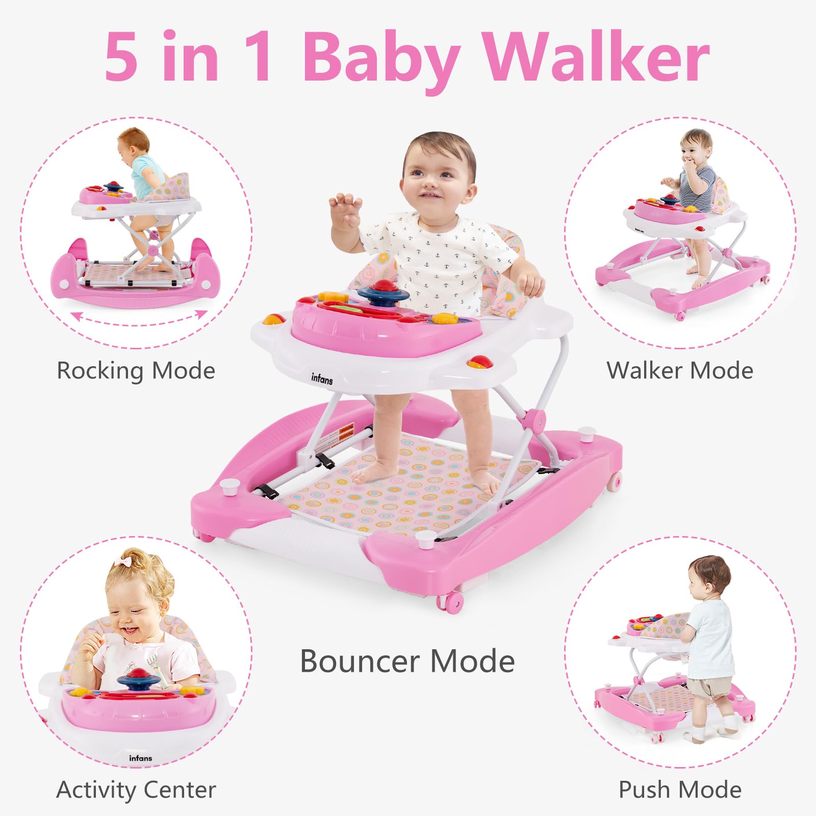 INFANS 5-in-1 Baby Walker for Toddlers - Adjustable Height Learning Walker with Removable Music Tray, Washable Seat Cushion & Foldable Design - Safe Rocker Bouncer Activity Center for Boys & Girls (Pink) - Perfect for Home Playtime & Early Childhood Development