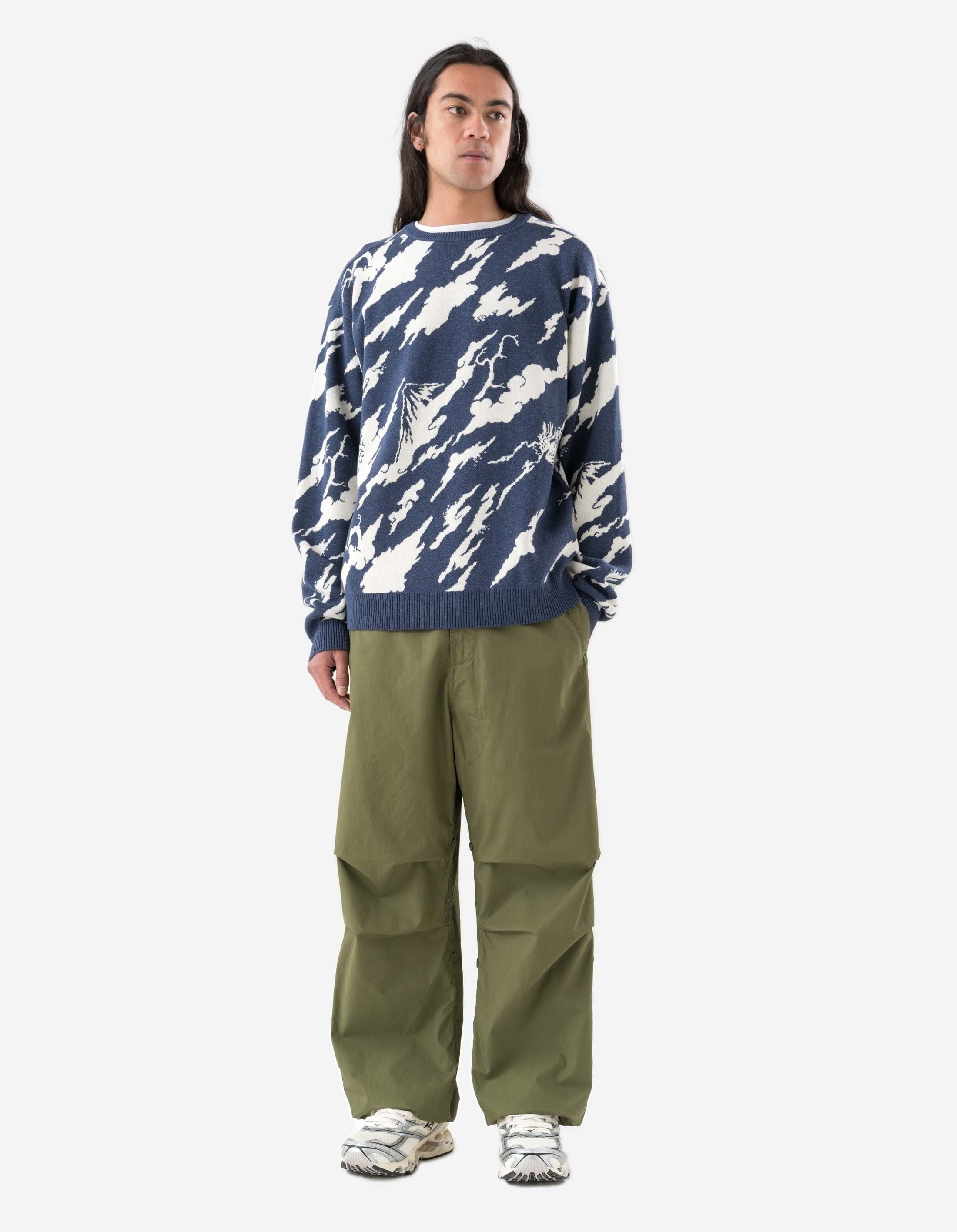1485 Knitted Camo Crew Sweatshirt for Men - Soft Indigo Pullover Hoodie - Casual Streetwear for Outdoor Activities & Everyday Wear