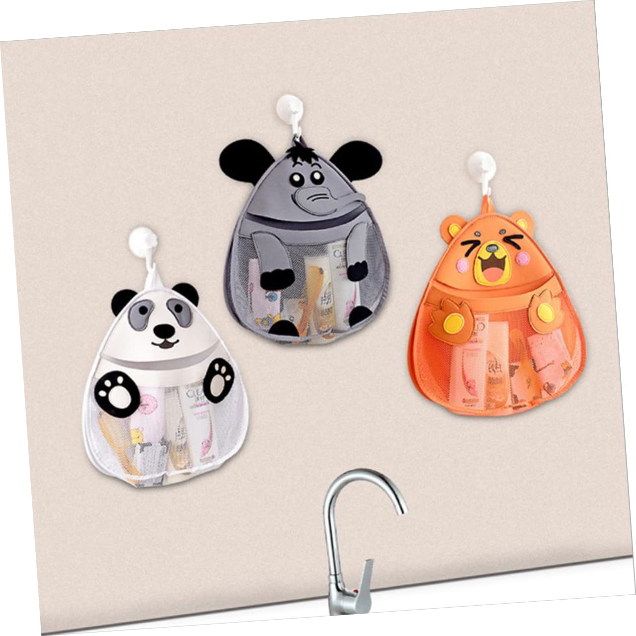 HEMOTON 3-Piece Bath Toy Storage Set - Animal Mesh Organizer Bags with Hooks & Strong Suction Cups for Kids (Elephant Design) - Perfect for Bathroom Organization & Baby Shower Gifts