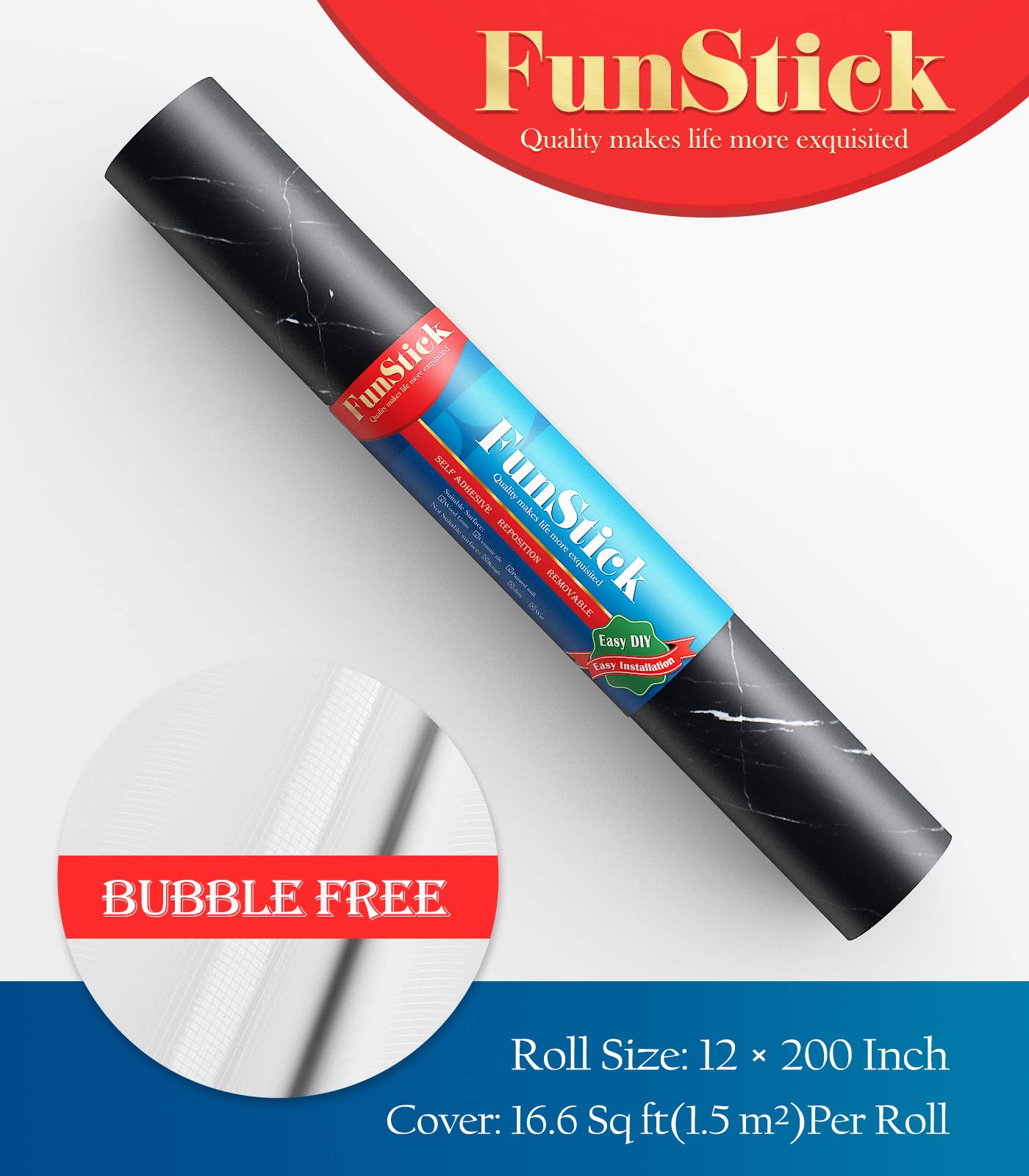 FunStick Thick Matte Black Marble Peel & Stick Wallpaper - 12