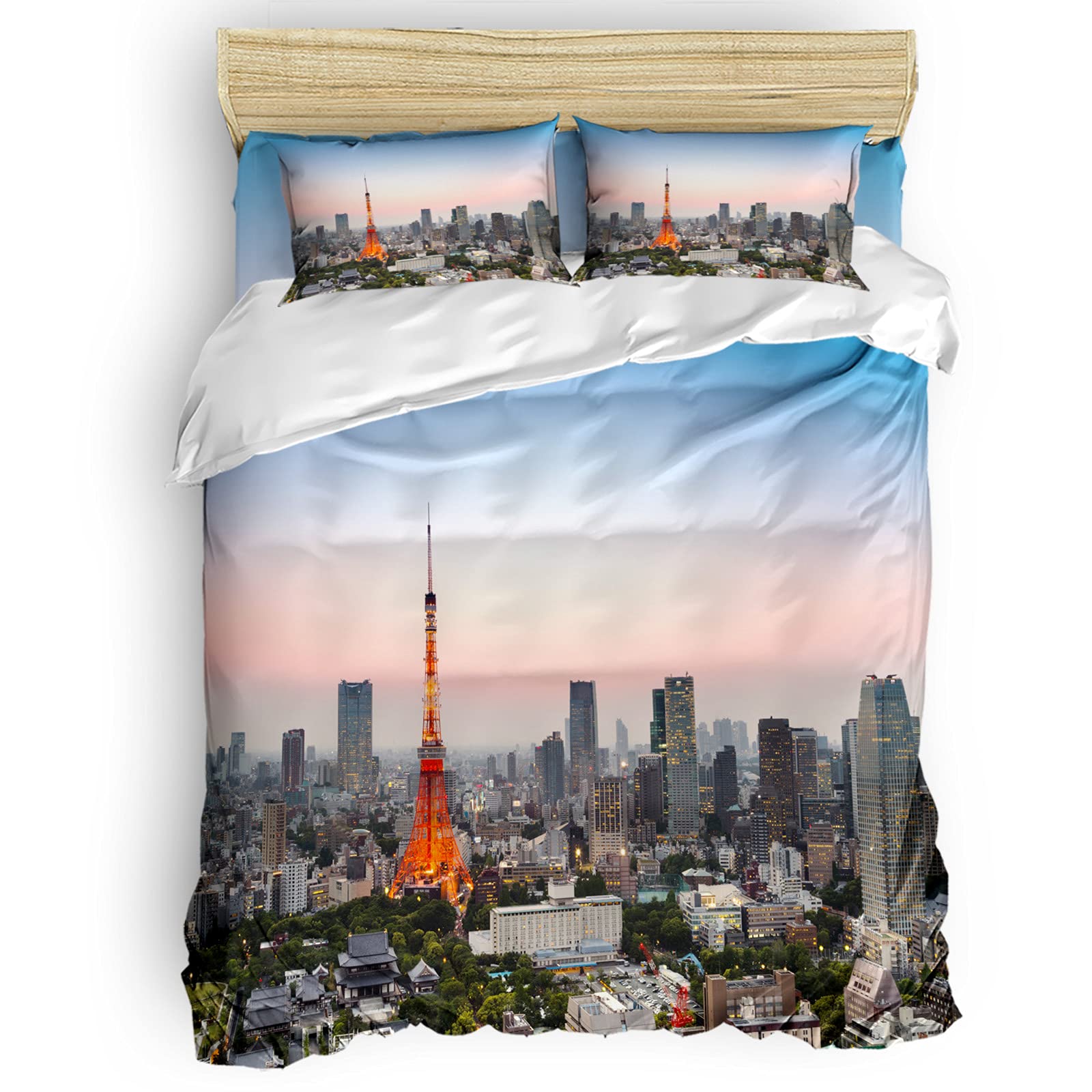 Queen Size Duvet Cover Set - Paris Tower Sunset Skyline Landscape Design, Includes 4 Pieces (Duvet Cover + 2 Pillowcases + Flat Sheet), Breathable Quilt Cover for Boys & Girls - Perfect for Bedroom Decor, Teen Room, Dorm Essentials & Gift Ideas