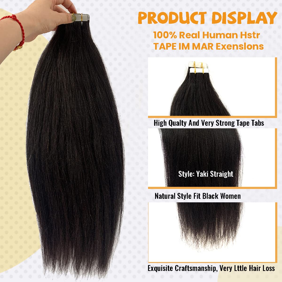 24 Inch Yaki Straight Tape in Hair Extensions - 100% Real Human Hair, 20PCS Invisible PU Skin Weft, Natural Black - Perfect for Black Women (50g) | Great for Daily Styling, Special Occasions & Protective Hairstyles