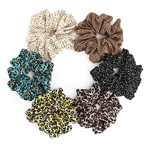 Emibele 6-Pack Hair Scrunchies - Soft Elastic Hair Ties for Women & Girls, Thick & Thin Hair Friendly, Leopard & Polka Dot Hair Accessories | Perfect for Workouts, Office, School & Everyday Use