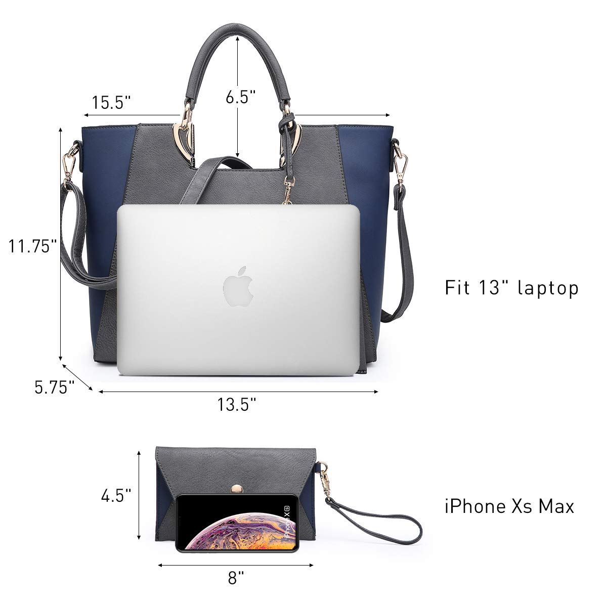 Dasein Women's Two-Tone Leather Handbag - Top Handle Shoulder Bag Tote Hobo Purse with Matching Clutch for Work, Travel & Everyday Use