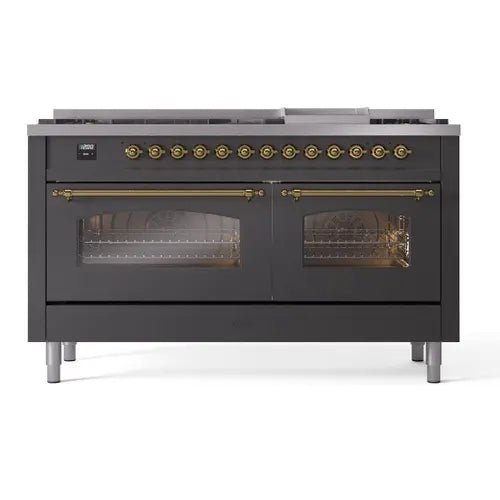 ILVE Nostalgie II 60 Inch Dual Fuel Natural Gas Range - Matte Graphite with Brass Trim (UP60FNMPMGG) | Professional Kitchen Appliance for Home Chefs & Culinary Enthusiasts