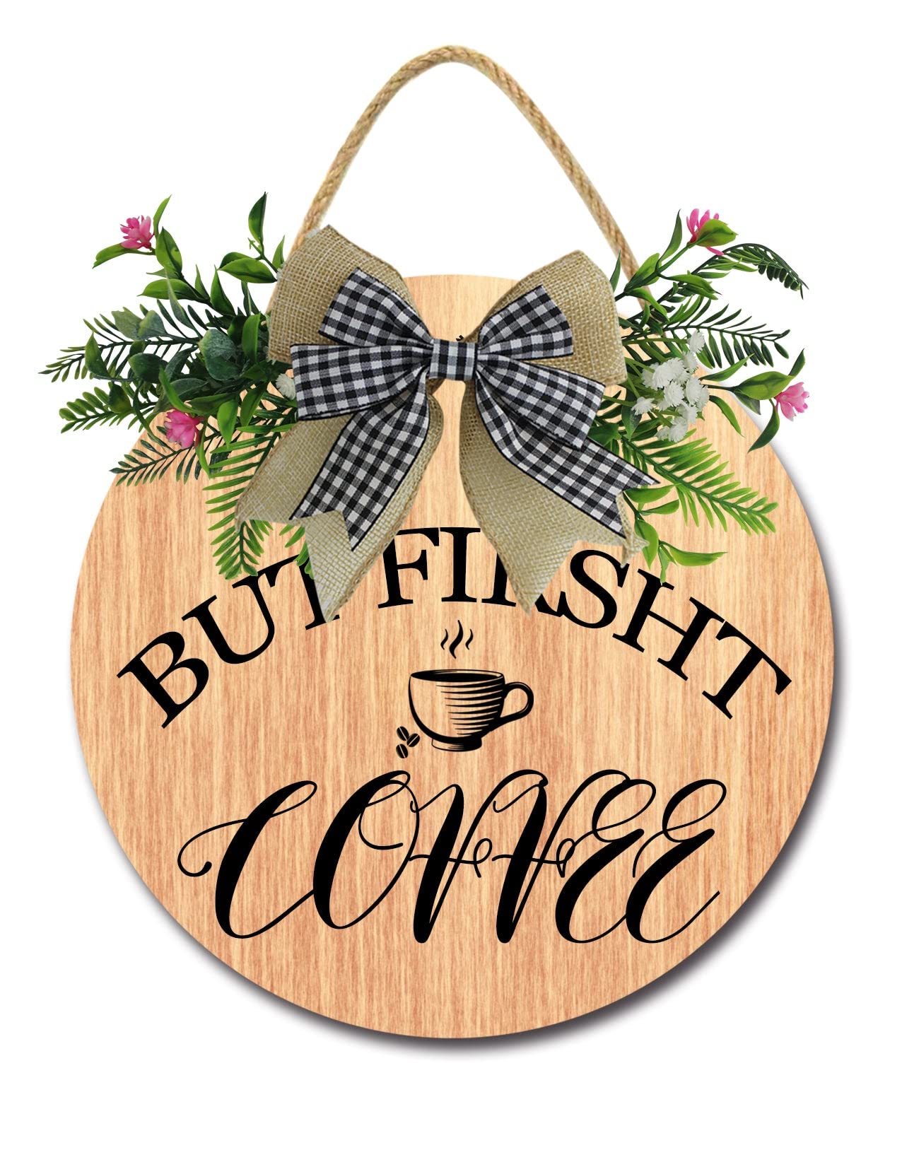 Rustic Farmhouse Coffee Sign - Wooden Round Wall Decor for Coffee Lovers, Modern Coffee Bar & Kitchen Decor - 11.2x11.2 Inch - Perfect for Home, Office & Coffee Station (But First Coffee Design)