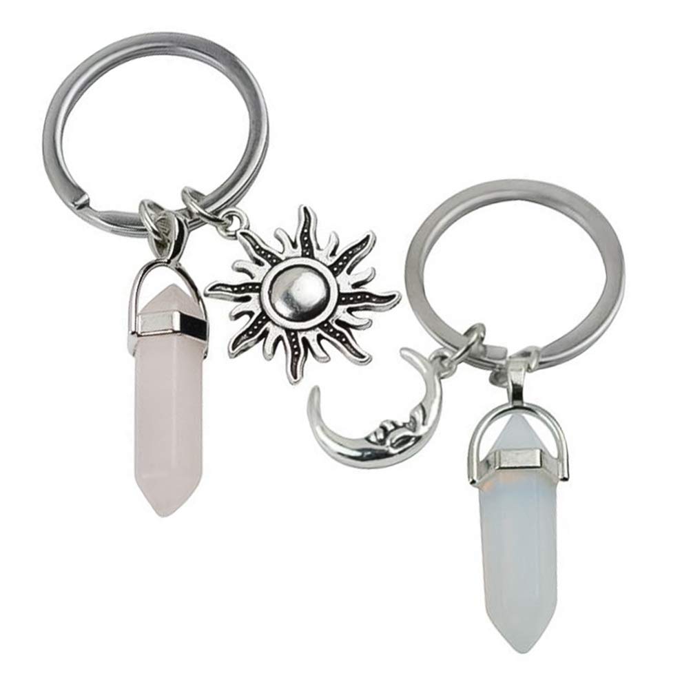 Amosfun 2pcs Healing Crystal Keychains for Women - Hexagonal Moon & Sun Stone Keyrings, Couples & Sisters Charms, Natural Healing Crystals for Positive Energy, Meditation & Daily Carry