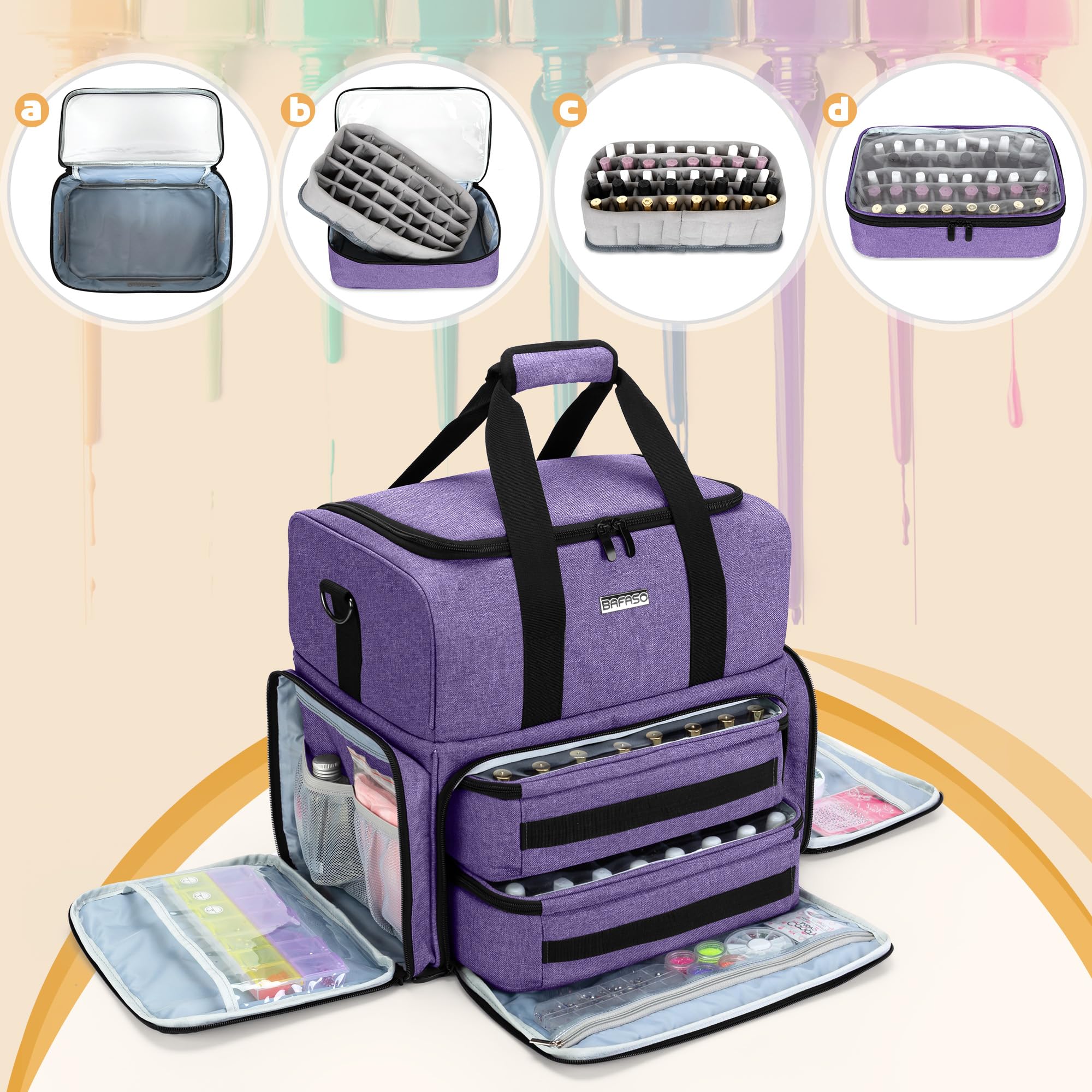 BAFASO Professional Nail Polish Organizer Case - Holds 80 Bottles (15ml/0.5oz) with UV Nail Lamp Storage, 2 Removable Pouches & Manicure Tools Sections - Portable Nail Art Station for Salon, Home, Travel (Purple, Patented Design)