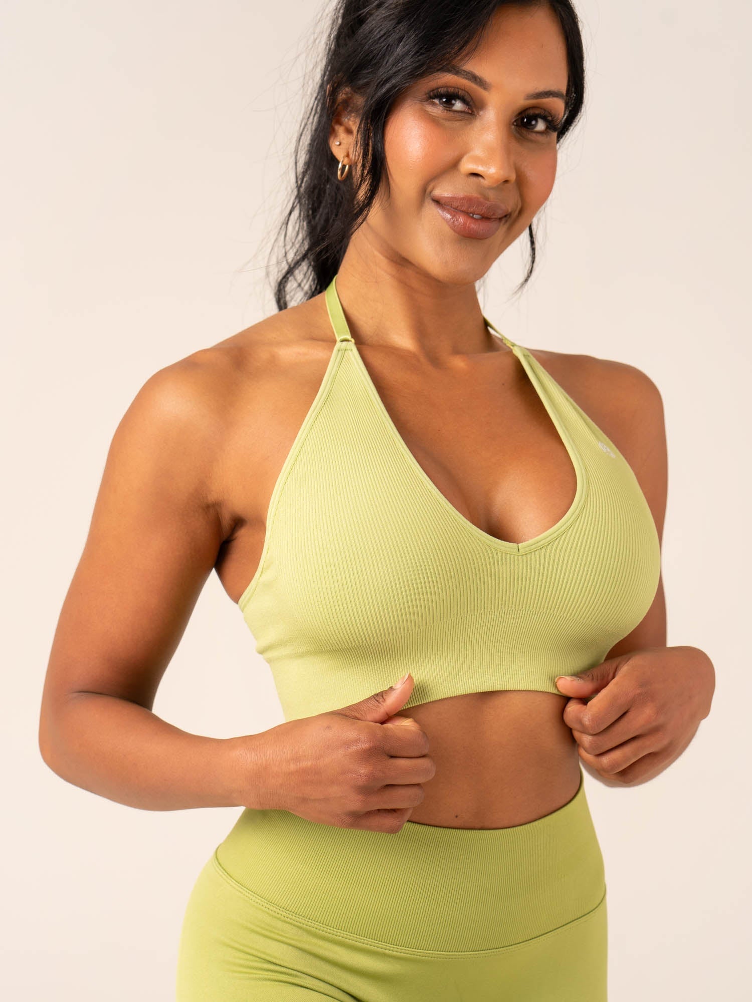 Lift Rib Seamless Halter Sports Bra for Women - Olive Green Workout Top for Yoga, Running & Gym - Comfortable & Supportive Activewear