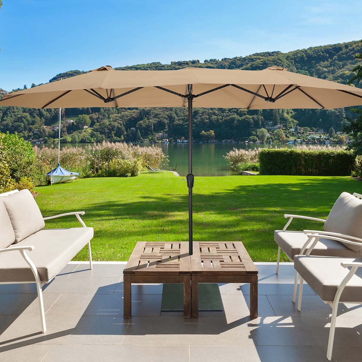 15x9ft Double-Sided Outdoor Market Umbrella with Crank - UV Protection Waterproof Sunproof Patio Umbrella for Pool, Garden, Backyard, and Outdoor Furniture - Taupe Color for Shade and Relaxation