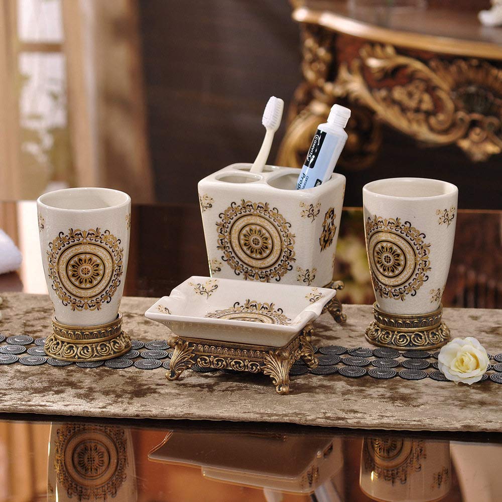 Vintage Ceramic Bathroom Accessories Set - 4 Piece Bath Decor with Soap Dish, Toothbrush Holder & 2 Tumblers - Elegant Floral Applique Design for Home, Hotel Vanity Countertop - Perfect for Spa, Guest Bathroom & Luxury Bath Decor
