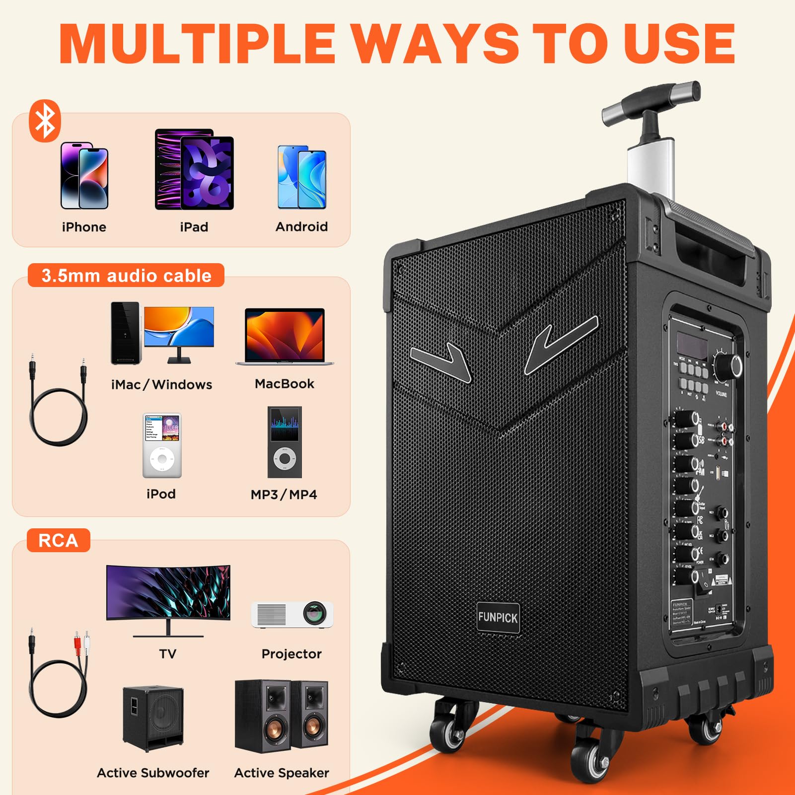 FTSK10-3 10-Inch 3-Way PA System with Bluetooth - Rechargeable Karaoke Speaker with Wireless Crystal Mic, Supports Guitar/USB/FM/AUX/TWS - Perfect for Home Parties, Outdoor Events & Live Performances