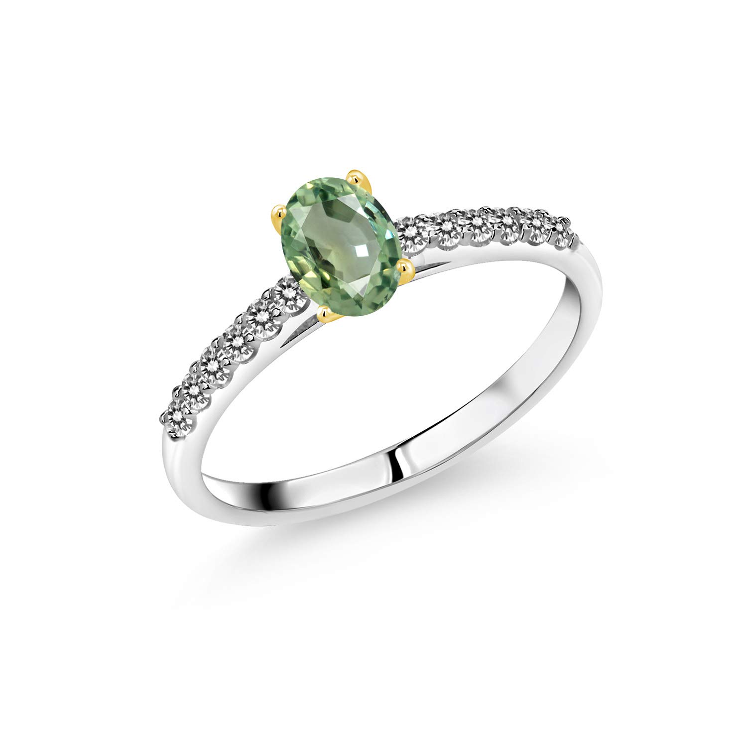 0.75 Ct Natural Green Sapphire & White Diamond Ring in 925 Sterling Silver with 10K Yellow Gold Prongs - Elegant Jewelry for Weddings, Anniversaries & Special Occasions
