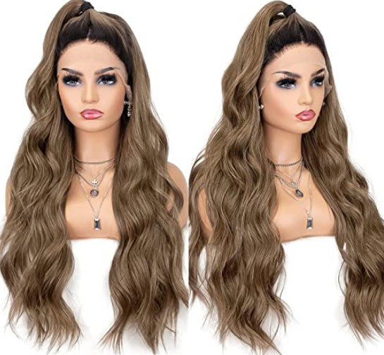 Two Tone Ash Brown Ombre Lace Front Wig - Natural Looking Human Hair Wig for Women, Heat Resistant Synthetic Hairpiece for Daily Wear & Cosplay