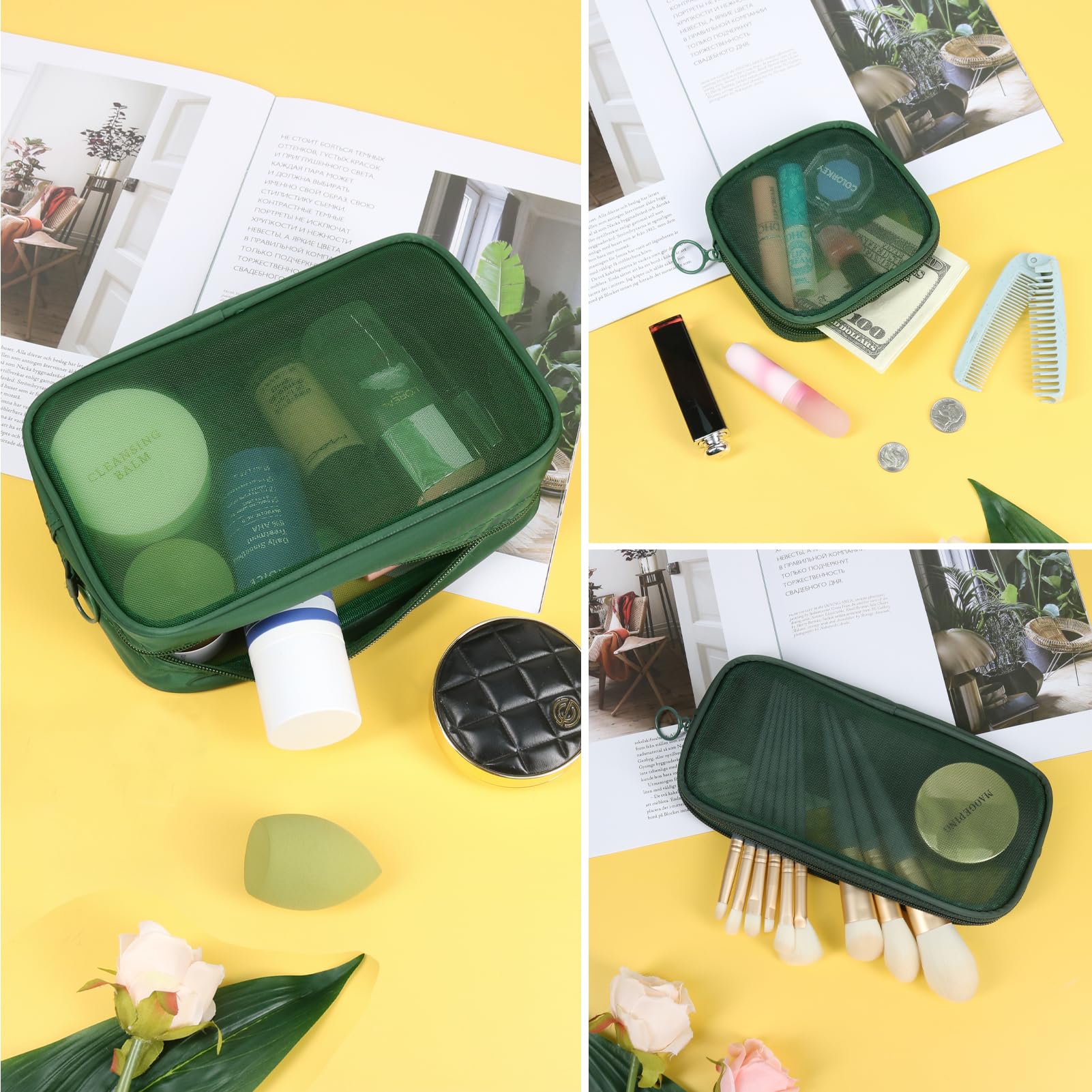 3 Pack Mesh Makeup Bags with Zipper - Nylon Cosmetic Organizer Set for Toiletries, Travel & Diaper Bag (Green) - Perfect for Gym, Vacation & Daily Purse Organization