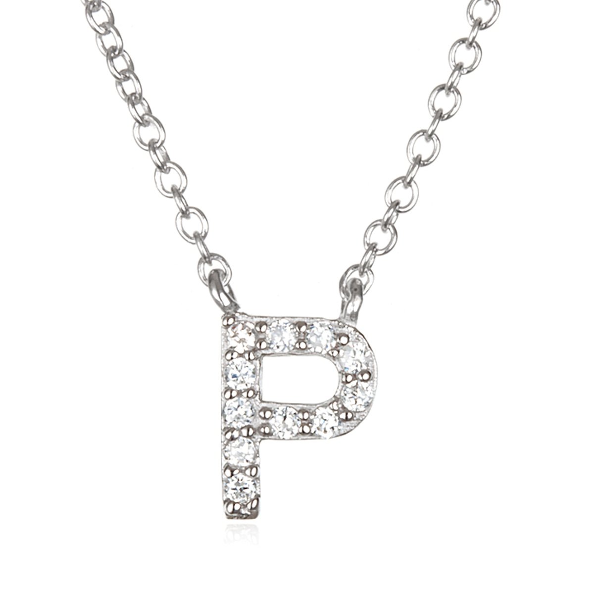 CHELINE White CZ Initial P Necklace - 18 Inch Sterling Silver Chain - Personalized Name Necklace for Women - Perfect Gift for Birthday, Anniversary & Valentine's Day