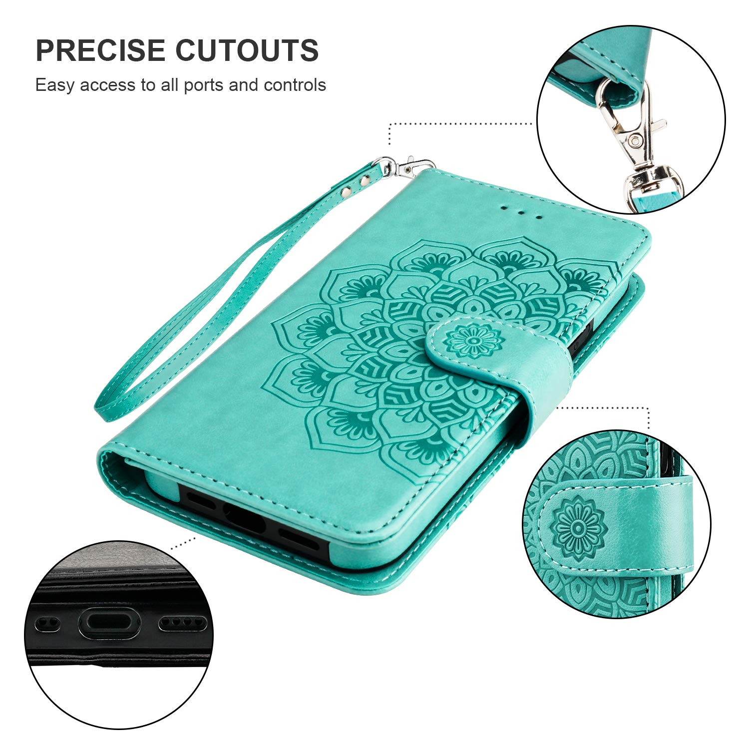 KIHUWEY iPhone 12 Pro Max Wallet Case (6.7 Inch) - PU Leather Mandala Flower Embossed Cover with Card Holder, Wrist Strap, Kickstand & Lanyard | Protective Phone Purse for Women | Mint Green | Perfect for Travel, Shopping & Everyday Use