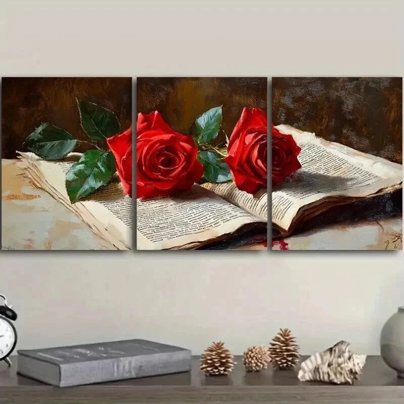 3-Piece Red Roses Newspaper Wall Art Set - Framed Canvas 50x70cm | High Quality Print | 100% Australian Made | Ready to Hang | Perfect for Living Room, Bedroom & Office Decor