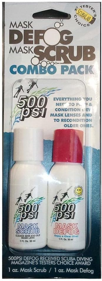 1 oz. 500psi Mask Defog & Scrub Combo Pack - Anti-Fog Solution for Scuba Diving, Swimming & Safety Masks - Prevent Condensation for Clear Vision Underwater