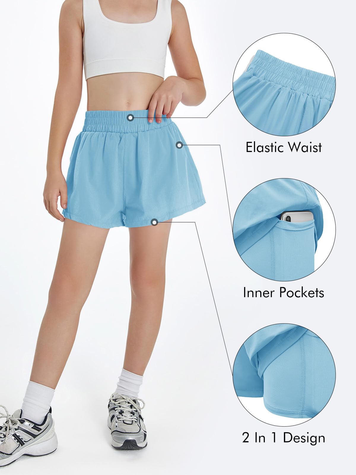 Haloumoning Girls Athletic Shorts - High Waist Elastic 2-in-1 Running Shorts with Side Pockets for Kids 5-14 Years | Perfect for School PE, Track Practice & Summer Play