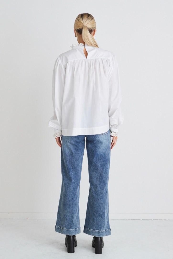 Opal White Voile Pleated Bodice High Neck Long Sleeve Top for Women - Elegant Blouse for Office, Party & Special Occasions