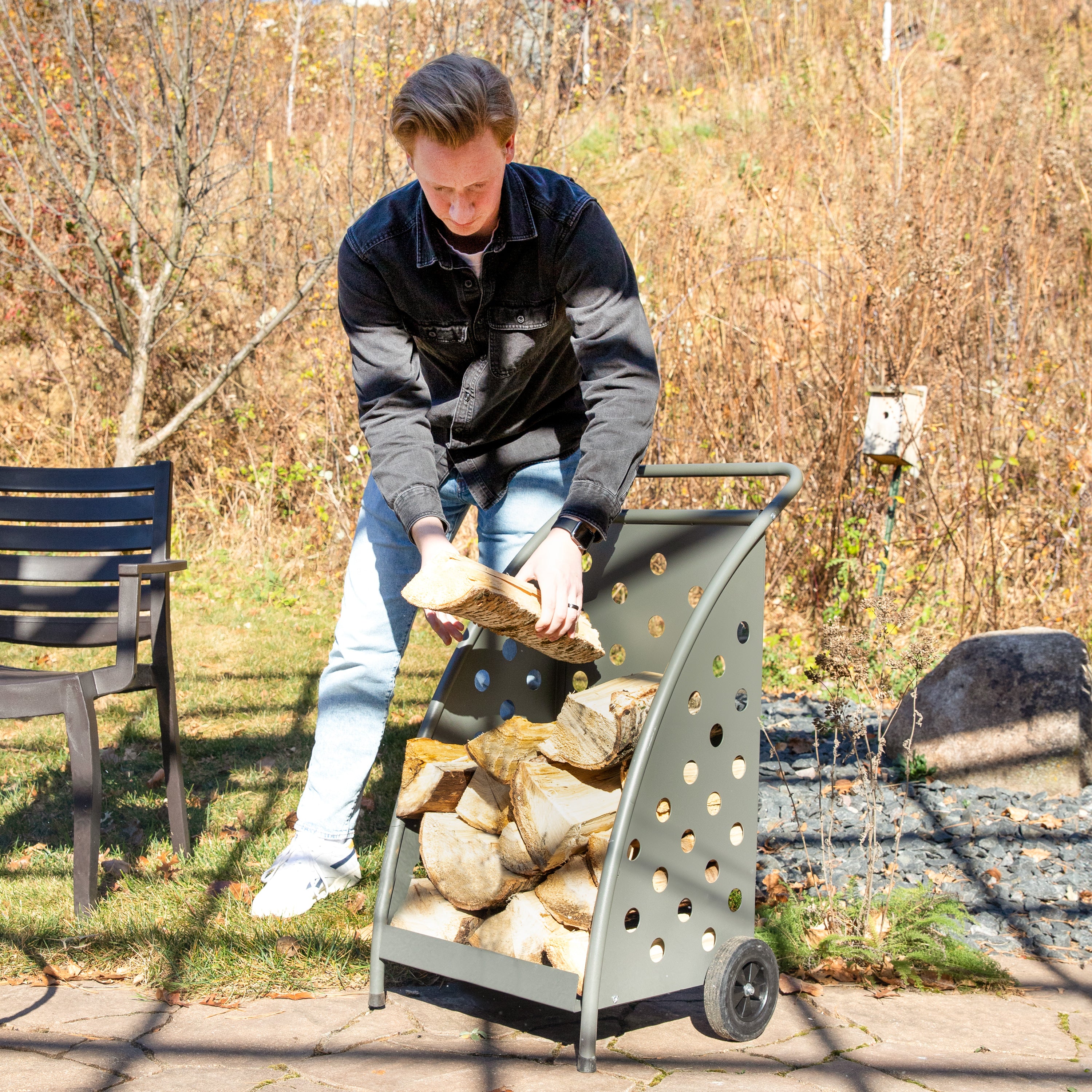 Sunnydaze Heavy-Duty Steel Firewood Log Cart with Wheels - 34 Inch Outdoor Firewood Rack for Fireplace, Camping, and Backyard Storage