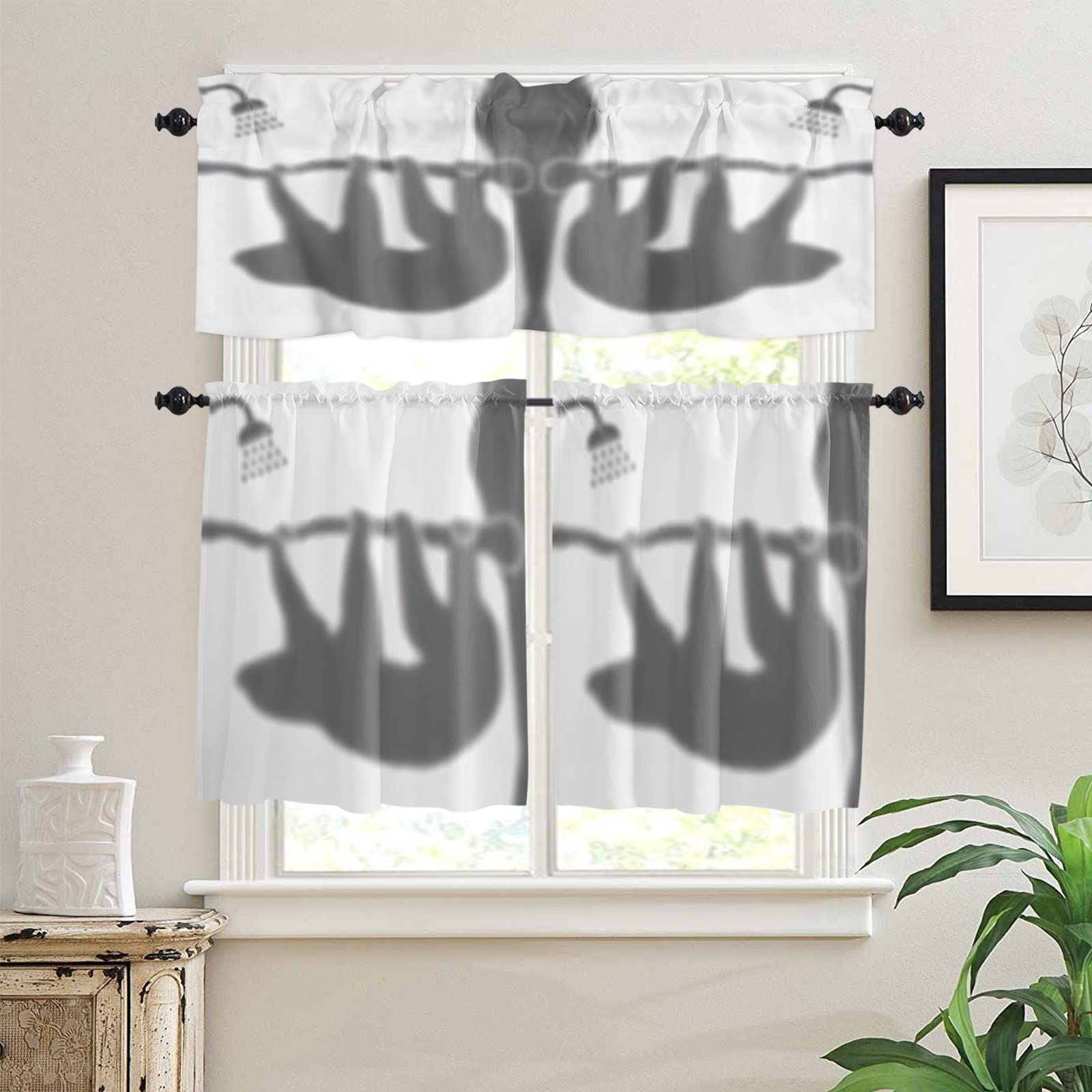 3-Piece Sloth Print Window Curtain Set with Valance for Kitchen & Bathroom - 24 Inch Rod Pocket Cafe Curtains (Set of 2) + 54x18 Inch Funny Sloth Valance - Perfect for Small Windows, Coffee Shops & Bathroom Decor
