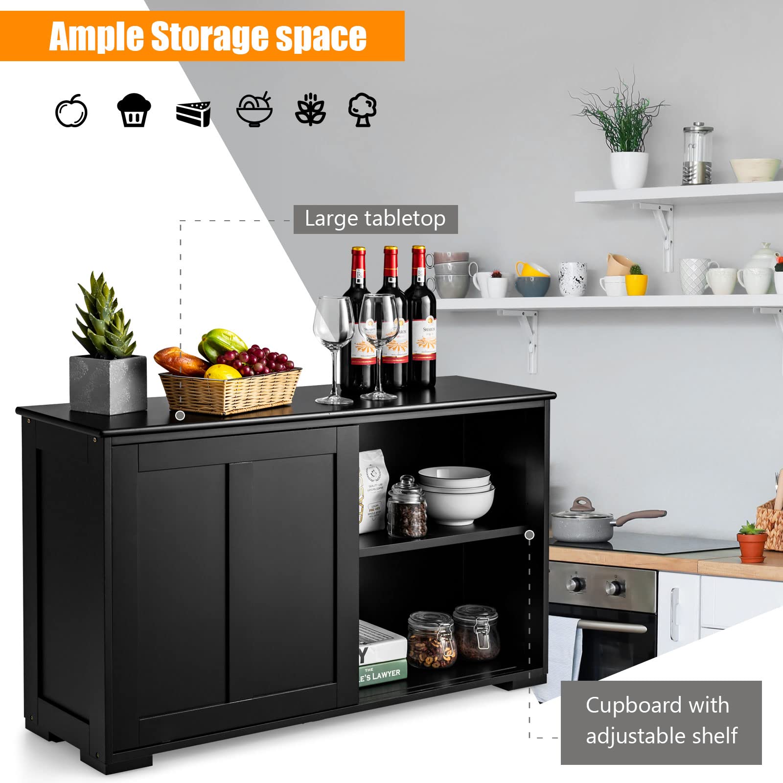Costzon Wooden Sideboard Buffet Cabinet with Adjustable Shelf & Sliding Barn Door - Kitchen Storage Cabinet, Coffee Bar Console Table for Living Room, Dining Room, Hallway - Elegant Black Finish | Perfect for Home Decor, Entertaining & Small Space Organization