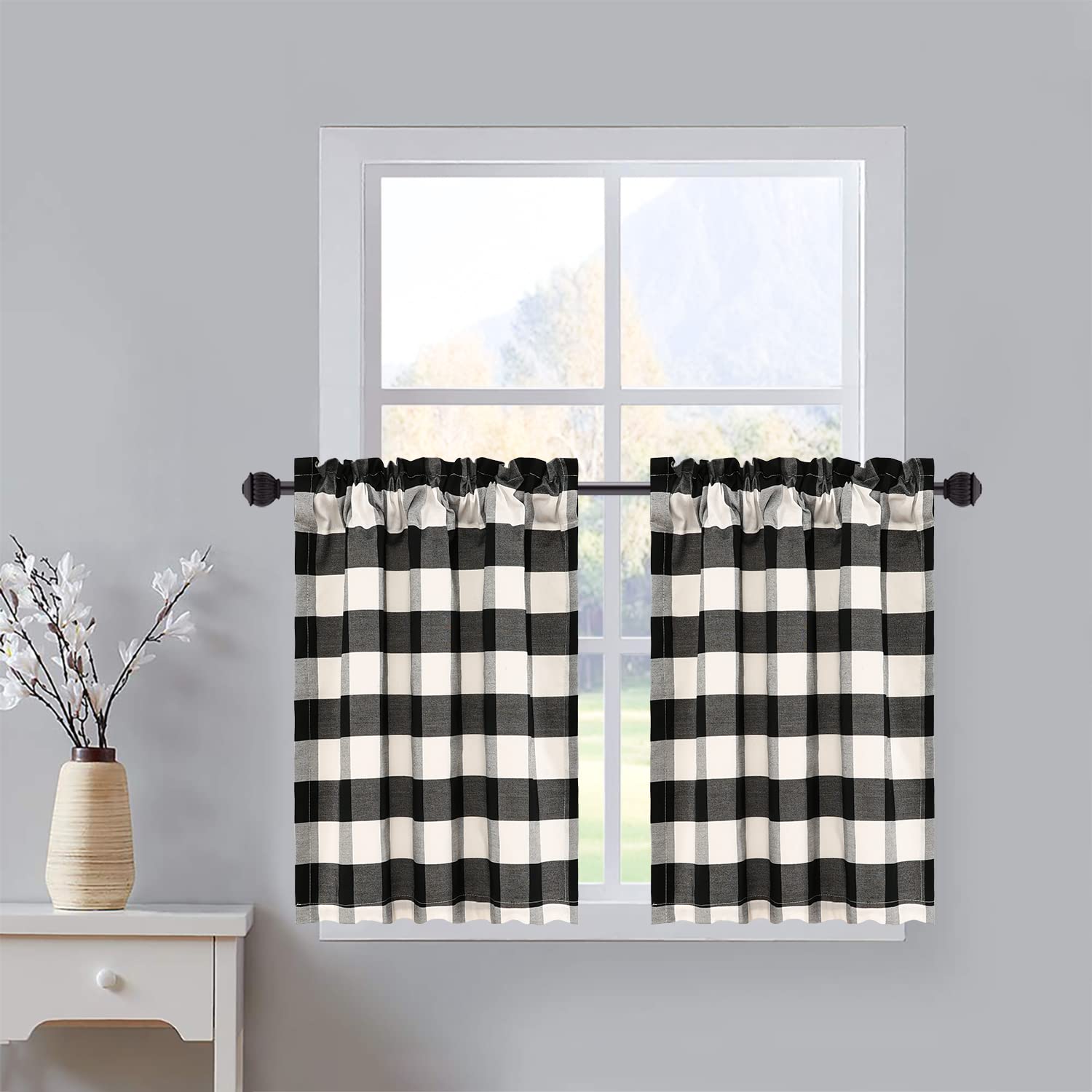VOGOL Cafe Tier Curtains - Short Plaid Check Farmhouse Kitchen Window Panels, Buffalo Gingham Faux Linen Drapes for Living Room & Bedroom, 30x24 Inches, Black White (2 Pack) - Perfect for Rustic Home Decor & Cozy Country Style