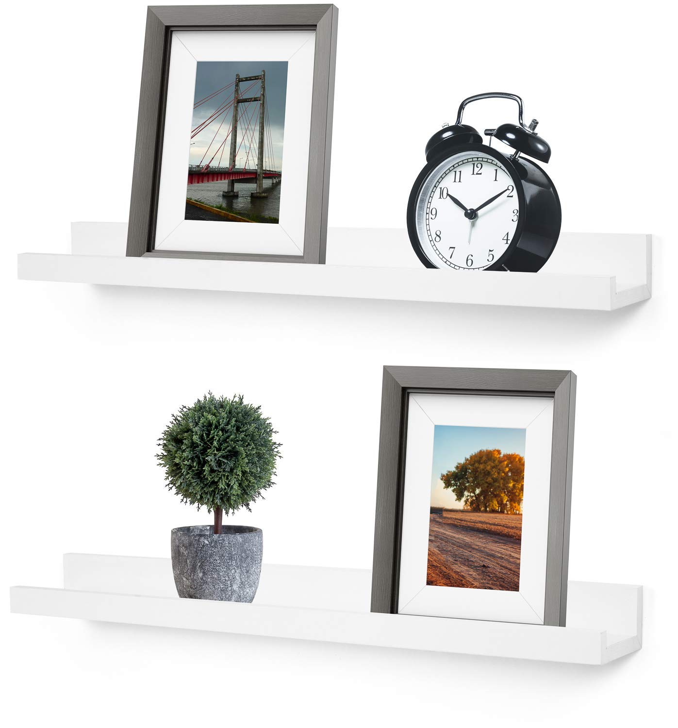 Greenco Floating Picture Shelves - Set of 2 Wall Mounted Photo Ledges for Home Decor | Perfect for Displaying Photos, Art & Decor in Bedroom, Living Room, Kitchen, Bathroom & Nursery | White Finish Home Organization Solution