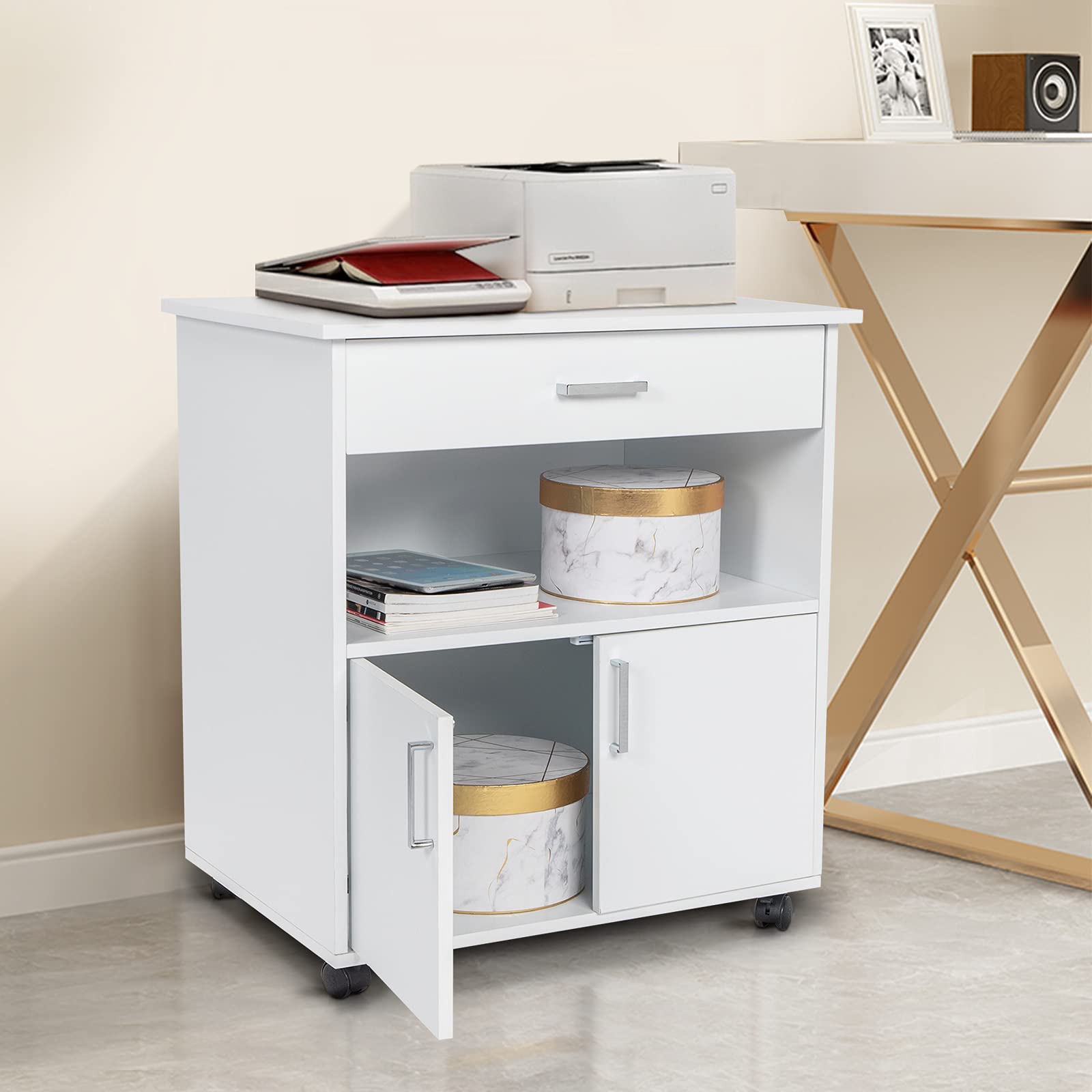 Wood Rolling File Cabinet - Office Storage with Drawers & Shelves for Home & Desk Organization