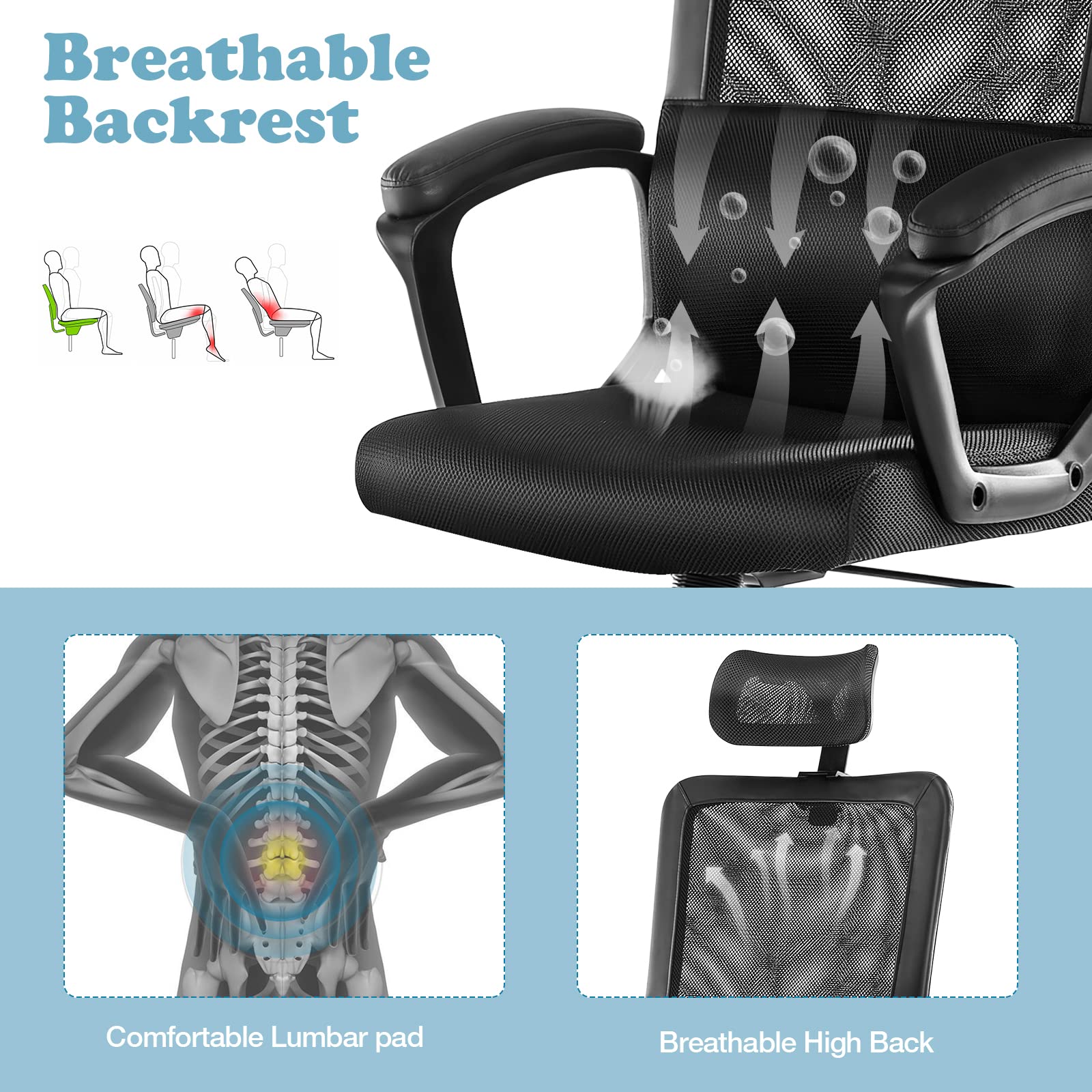 Ergonomic Office Chair - High Back Breathable Mesh Desk Chair with Adjustable Headrest & Lumbar Support | Rolling Swivel Computer Task Chair for Home Office | 3D Adjustable Armrests | Perfect for Long Work Hours, Gaming & Remote Work