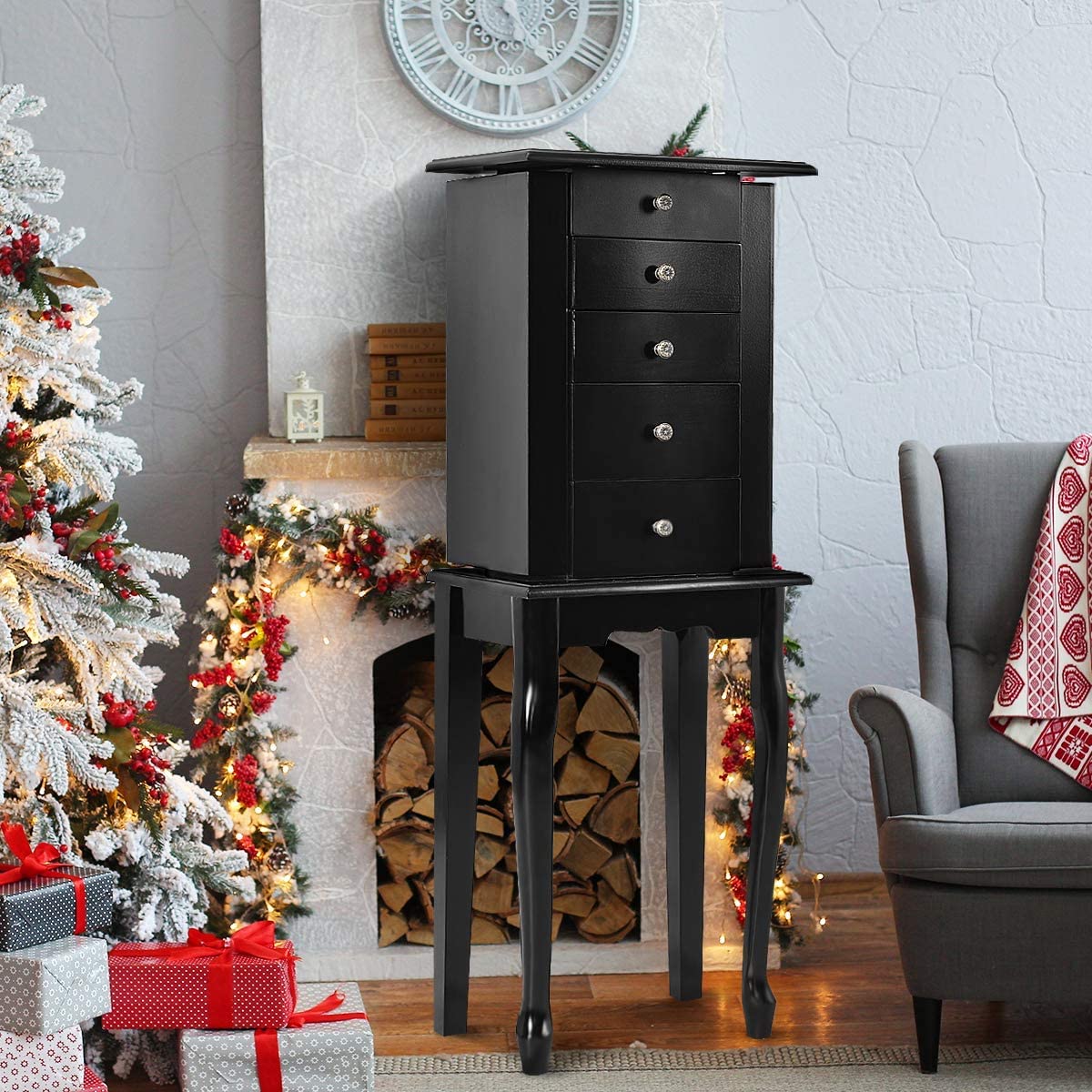 **LUARANE Jewelry Cabinet Armoire - 4 Drawers, 8 Necklace Hooks & Flip Top Mirror - Free Standing Jewelry Storage Organizer with 2 Side Swing Doors - Black - Perfect for Bedroom, Closet, or Dressing Room Organization**