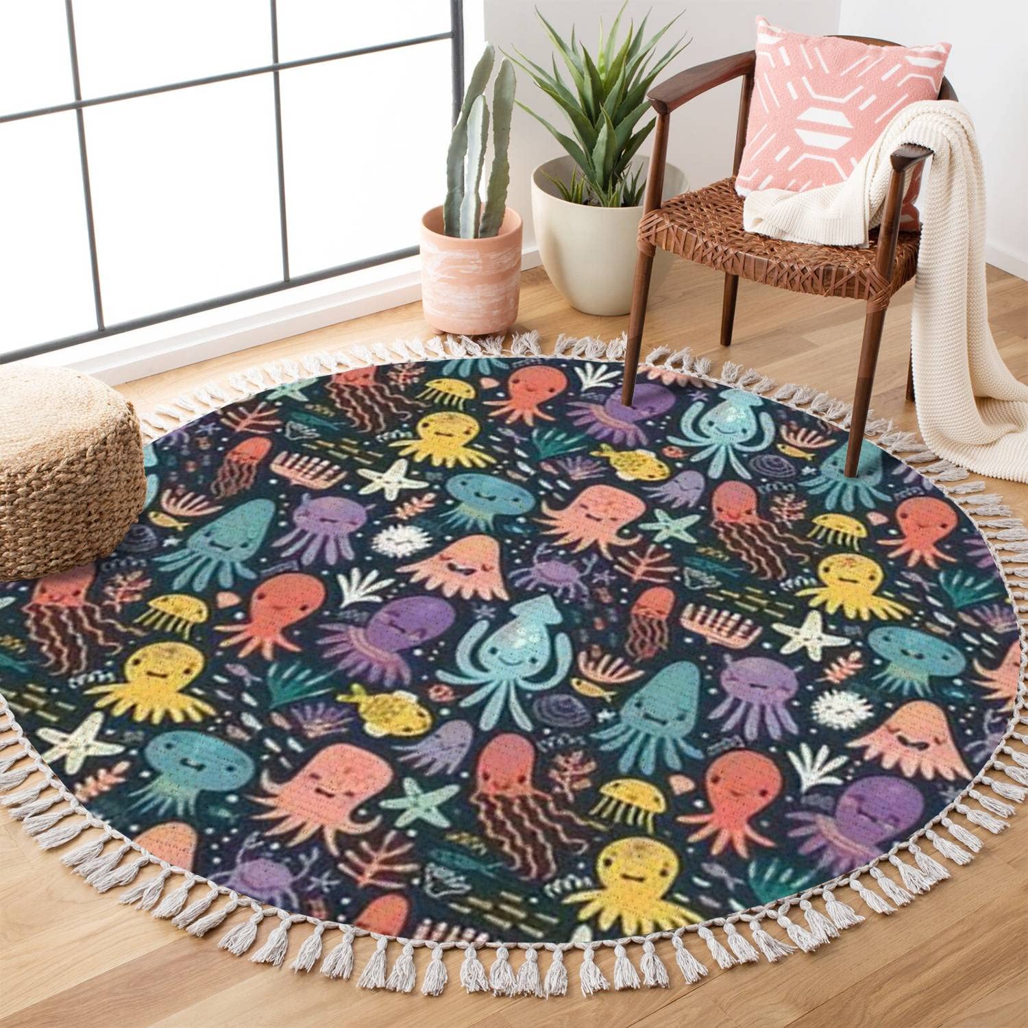 Round Boho Octopus Area Rug - Linen Carpet for Living Room, Patio, Hallway - Minimalist Home Decor & Funny Seamless Floor Mat - Perfect for Indoor & Outdoor Use