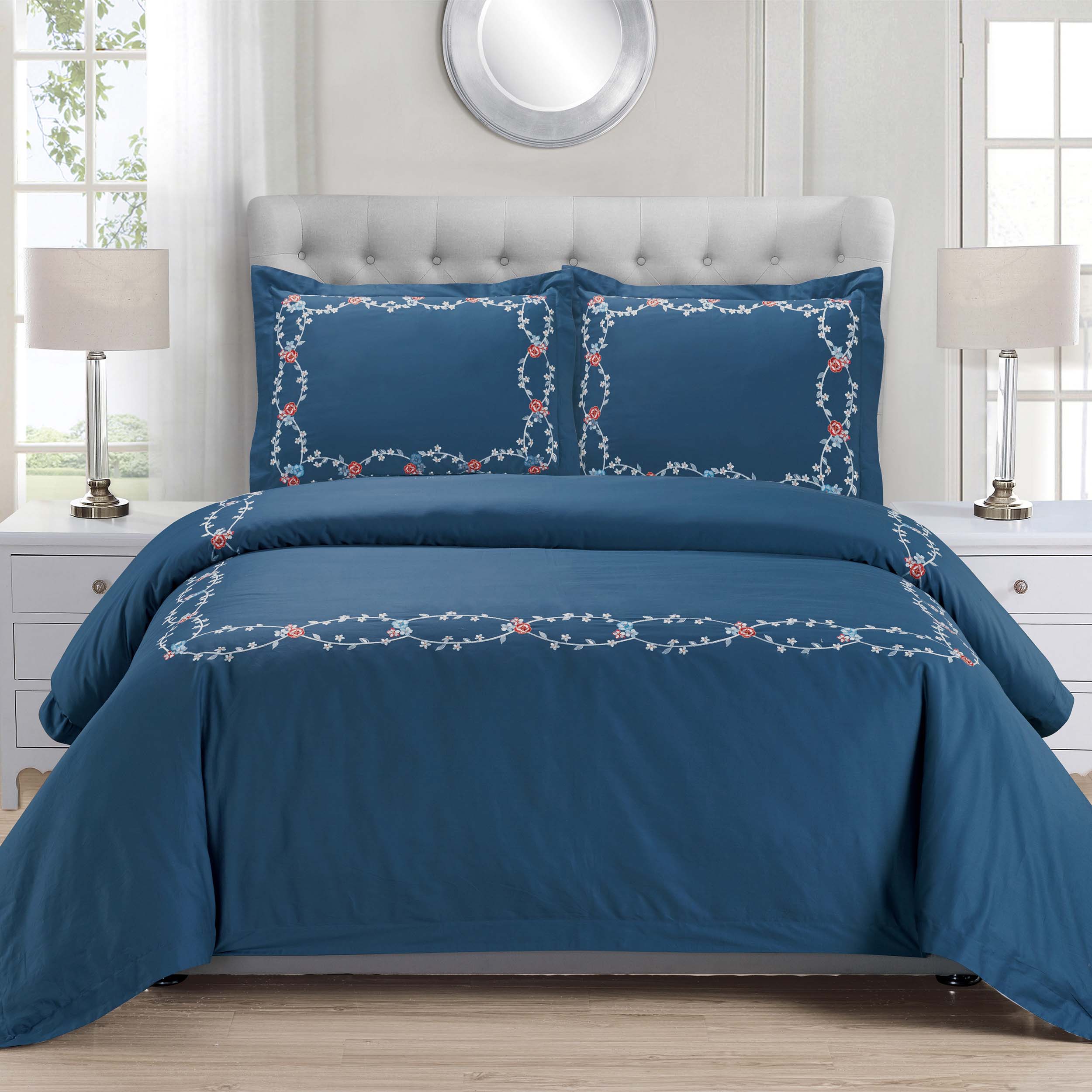 Helena Cotton Embroidered 3-Piece Duvet Cover Set - Queen Size Bedding Set with Pillowcases - Luxury Soft Breathable Bed Sheet Set for Master Bedroom, Guest Room & Hotel Decor