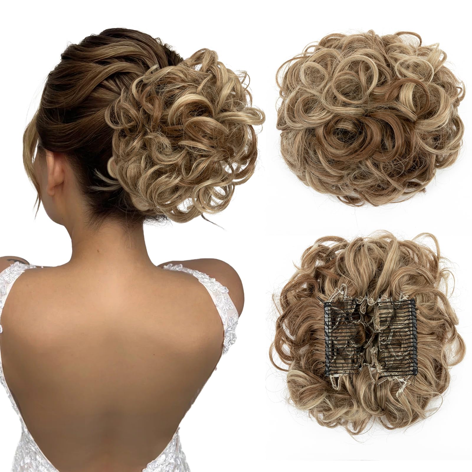 Benehair Messy Bun Hair Piece with Combs - Clip in Bun Scrunchie for Women, Juva Bun Dish, Fluffy Wavy Hair Updo, Easy Stretch Big Chignon, Short Ponytail Hairpiece - Sandy Brown & Bleach Blonde 90g - Perfect for Parties, Weddings, and Everyday Styling