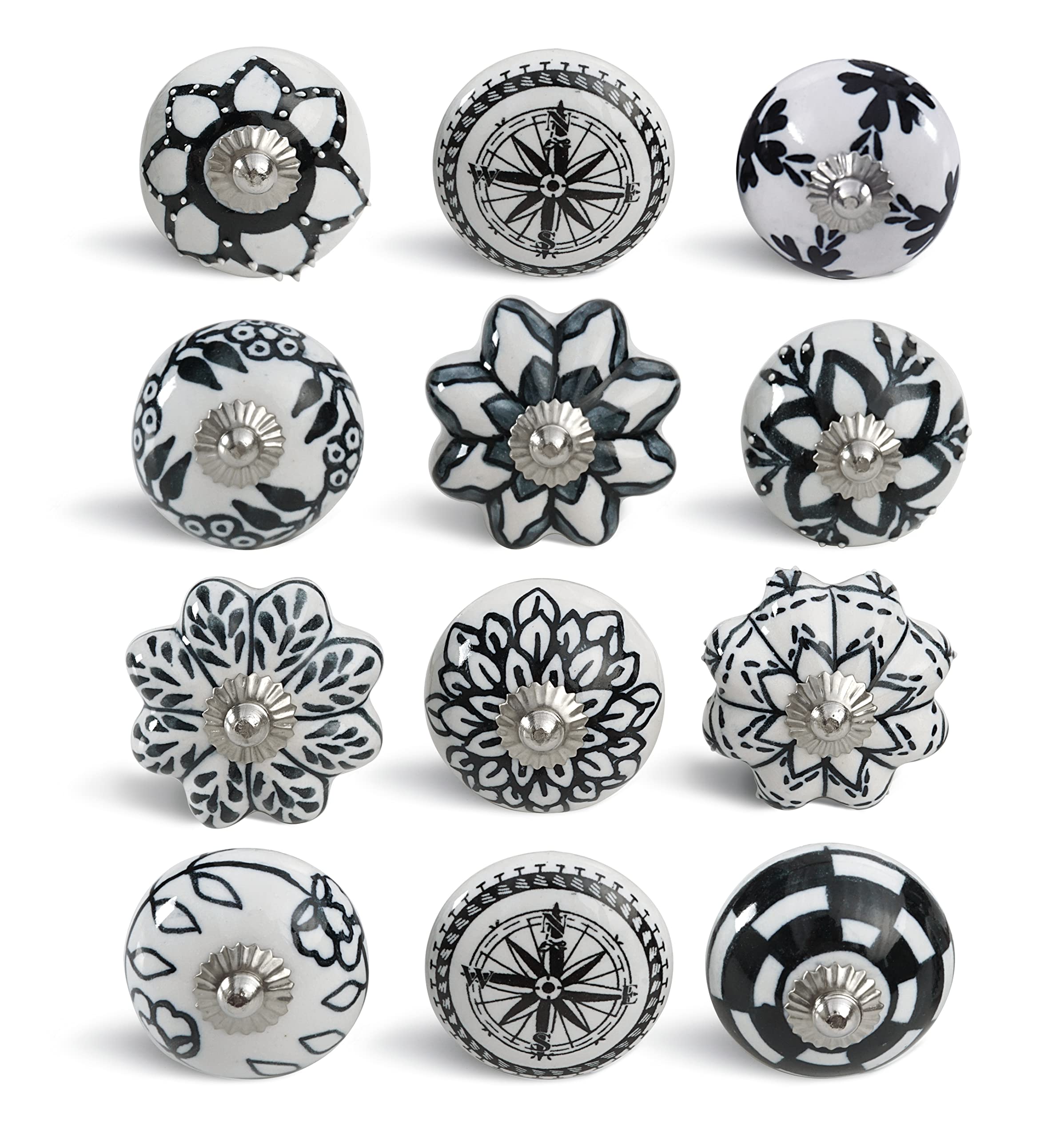 Handmade Ceramic Cabinet Knobs Set of 12 - Boho Style Drawer Pulls for Kitchen Cabinets, Dressers & Closet Doors | Black & White Ceramic Knobs for Home Decor & DIY Furniture Upgrade