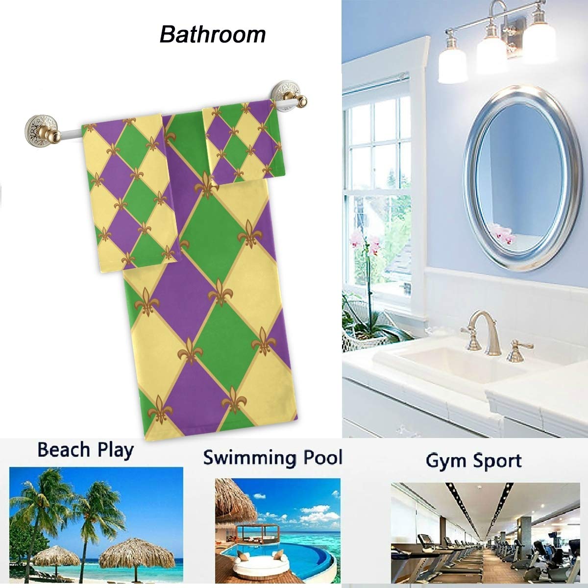 Premium Mardi Gras Fleur De Lis Pattern Luxury Bath Towel Set - 3-Piece Soft Decorative Towels (Bath, Hand & Washcloth) for Home, Hotel, Spa, Beach & Gym - Absorbent Quick-Dry Bathroom Essentials