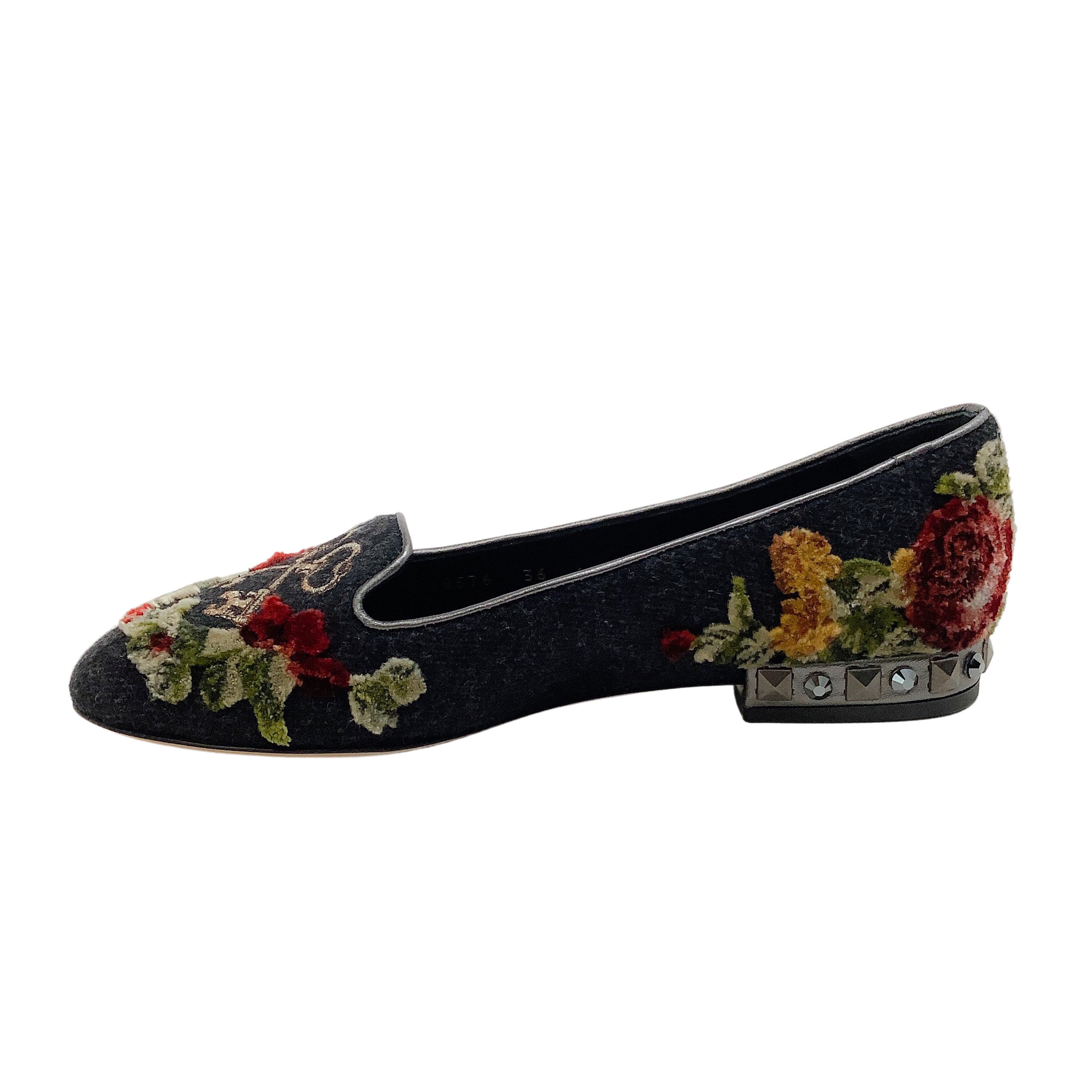 Dolce & Gabbana Women's Grey Velvet Floral Embroidered Ballet Flats with Key Charm - Elegant Comfort for Work, Parties & Special Occasions