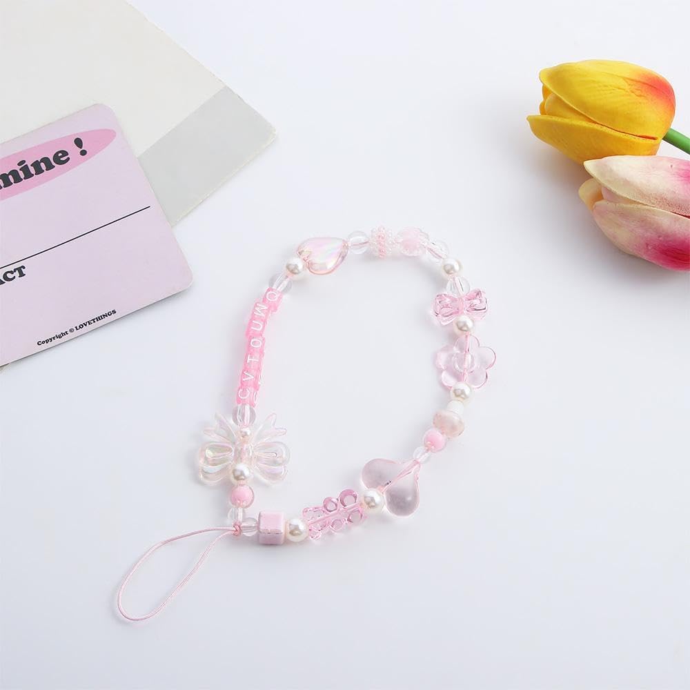 Pink Acrylic Beaded Anti-Lost Phone Strap with Wrist Lanyard - Cute Phone Accessories for iPhone Samsung Android - Perfect for Work, Gym, Travel & Daily Use