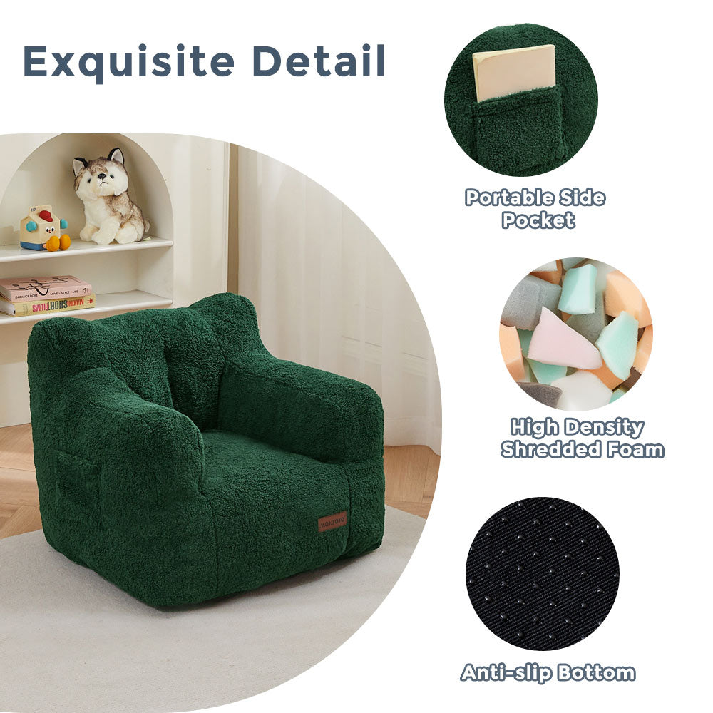 MAXYOYO Kids Sherpa Bean Bag Chair - Soft Teddy Bear Lazy Sofa for Boys & Girls, Green - Cozy Reading Nook & Playroom Seating for Children's Bedroom