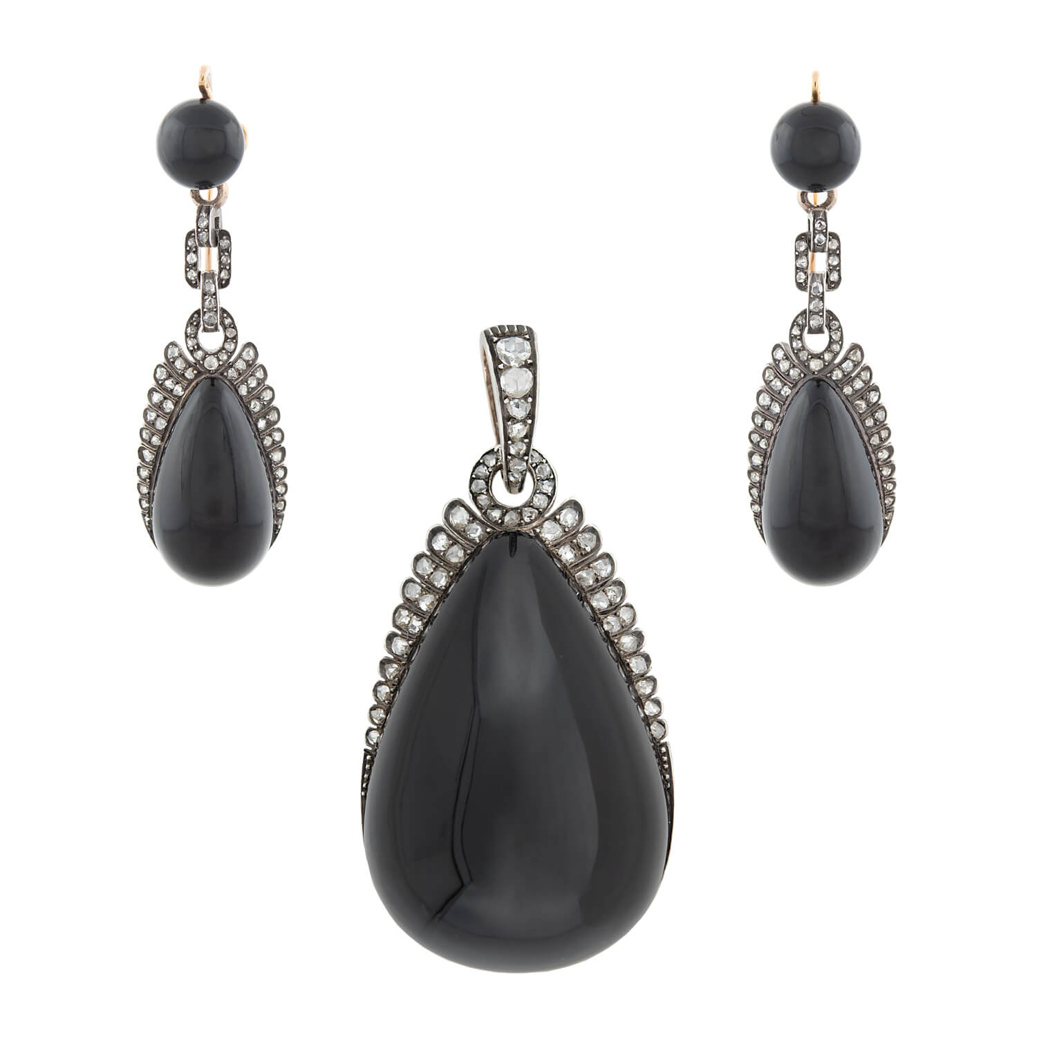 18K Gold & Sterling Silver Victorian French Style Diamond Onyx Earrings and Locket Pendant Set - Elegant Day to Night Jewelry for Weddings, Parties & Special Occasions