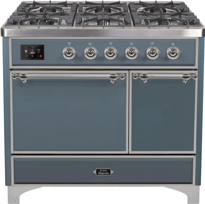 ILVE Majestic II 40-Inch Dual Fuel Range - Natural Gas & Liquid Propane Compatible - Blue Grey with Chrome Trim (UMD10FDQNS3BGCLP) - Perfect for Gourmet Kitchens & Professional Home Chefs
